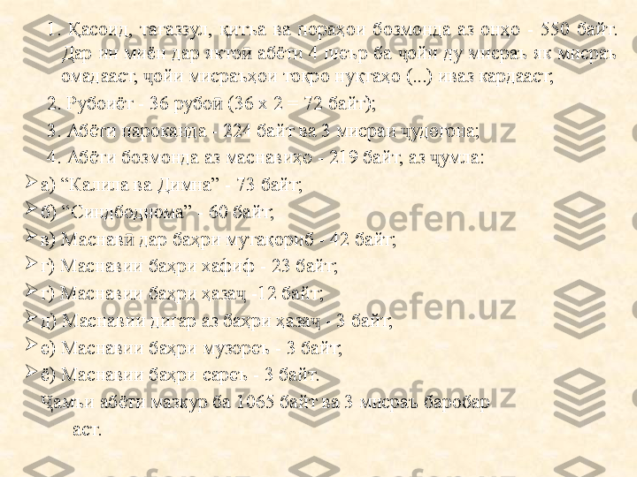 1.  Қ а соид,  та ғ аззул,  қитъа  ва  пораҳои  бозмонда  аз  онҳо  -  550  байт. 
Дар ин миён дар якто  абёти 4 шеър ба  ойи ду мисраъ як мисраъ ӣ ҷ
омадааст,  ойи мисраъҳои тоқро нуқтаҳо (...) иваз кардааст;	
ҷ
2. Рубоиёт - 36 рубо  (36 х 2 = 72 байт);	
ӣ
3. Абёти пароканда - 224 байт ва 3 мисраи  удогона;	
ҷ
4. Абёти бозмонда аз маснавиҳо - 219 байт, аз  умла:	
ҷ

а) “Калила ва Димна” - 73 байт;

б) “Синдбоднома” - 60 байт;

в) Маснав  дар баҳри мутақориб - 42 байт;	
ӣ

г) Маснавии баҳри хафиф - 23 байт;

г ) Маснавии баҳри ҳаза  -12 байт;	
ҷ

д) Маснавии дигар аз баҳри ҳаза  - 3 байт;	
ҷ

е) Маснавии баҳри музореъ - 3 байт;

ё) Маснавии баҳри сареъ - 3 байт.
а	
Ҷ мъи абёти мазкур ба 1065 байт ва 3 мисраъ баробар
           аст. 