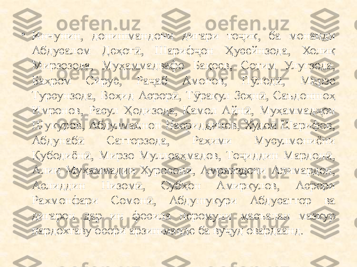 •
Инчунин,  донишмандони  дигари  то ик,  ба  монанди ҷ
Абдусалом  Деҳот ,  Шариф он  Ҳусейнзода,  Холиқ 	
ӣ ҷ
Мирзозода,  Муҳаммадвафо  Бақоев,  Сотим  Улуғзода, 
Баҳром  Сирус,  Ра аб  Амонов,  П лод ,  Мирзо 	
ҷ ӯ ӣ
Турсунзода,  Воҳид  Асрор ,  Т рақул  Зеҳн ,  Саъдоншоҳ 	
ӣ ӯ ӣ
Имронов,  Расул  Ҳодизода,  Камол  Айн ,  Муҳаммад он 	
ӣ ҷ
Шукуров,  Абдулманнон  Насриддинов,  Худо  Шарифов, 	
ӣ
Абдунаб   Сатторзода,  Раҳими  Мусулмониёни 	
ӣ
Қубодиён ,  Мирзо  Муллоаҳмадов,  То иддин  Мардон , 	
ӣ ҷ ӣ
Алии  Муҳаммадии  Хуросон ,  Амрияздони  Алимардон, 	
ӣ
Аслиддин  Низом ,  Субҳон  Амирқулов,  Асрори 	
ӣ
Рахмонфари  Сомон ,  Абдушукури  Абдусаттор  ва 	
ӣ
дигарон  дар  ин  фосила  перомуни  масъалаи  мазкур 
пардохтаву осори арзишманде ба ву уд овардаанд.	
ҷ 