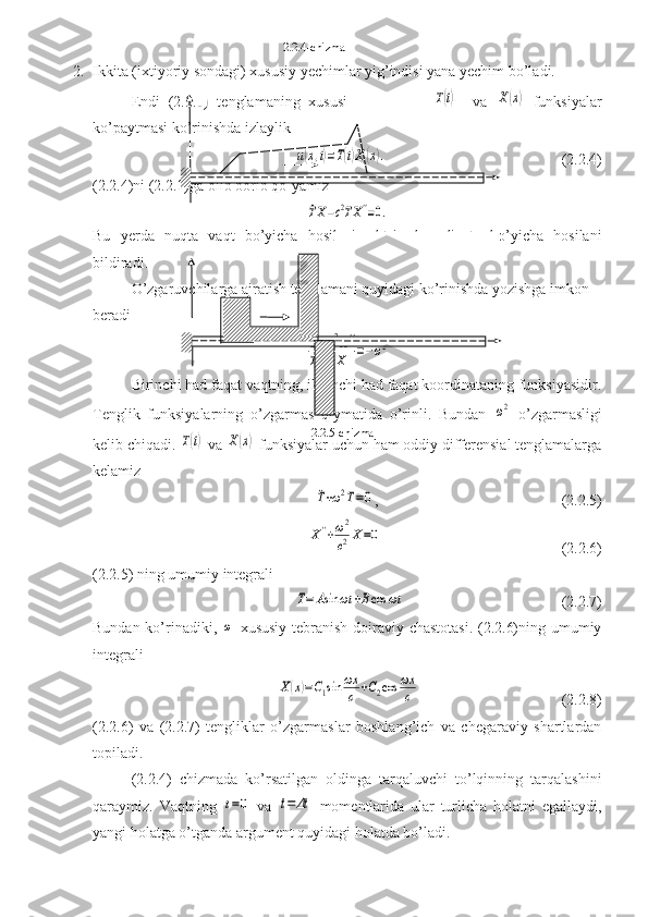 2. Ikkita (ixtiyoriy sondagi) xususiy yechimlar yig’indisi yana yechim bo’ladi.
Endi   (2.2.1)   tenglamaning   xususiy   yechimini  T(t)     va  	X(x)   funksiyalar
ko’paytmasi ko’rinishda izlaylik	
u(x,t)=T(t)X(x).
                                              (2.2.4)     
(2.2.4)ni (2.2.1)ga olib borib qo’yamiz	
¨TX−c2TX''=0.
Bu   yerda   nuqta   vaqt   bo’yicha   hosilani,   shtrix   koordinata   bo’yicha   hosilani
bildiradi.
O’zgaruvchilarga ajratish tenglamani quyidagi ko’rinishda yozishga imkon 
beradi	
¨T
T=c2X''	
X	=−ω2
Birinchi had faqat vaqtning, ikkinchi had faqat koordinataning funksiyasidir.
Tenglik   funksiyalarning   o’zgarmas   qiymatida   o’rinli.   Bundan  	
ω2   o’zgarmasligi
kelib chiqadi. 	
T(t)  va 	X(x)  funksiyalar uchun ham oddiy differensial tenglamalarga
kelamiz	
¨T+ω2T=0
,                                                (2.2.5)	
X''+ω2
c2X=0
                                               (2.2.6)       
(2.2.5) ning umumiy integrali
                                                   	
T=	Asin	ωt	+Bcos	ωt                                          (2.2.7)
Bundan ko’rinadiki,  	
ω   xususiy tebranish doiraviy chastotasi. (2.2.6)ning umumiy
integrali 	
X(x)=C1sin	ωx
c	+C2cos	ωx
c
                                     (2.2.8)     
(2.2.6)   va   (2.2.7)   tengliklar   o’zgarmaslar   boshlang’ich   va   chegaraviy   shartlardan
topiladi. 
(2.2.4)   chizmada   ko’rsatilgan   oldinga   tarqaluvchi   to’lqinning   tarqalashini
qaraymiz.   Vaqtning  	
t=0   va  	t=	Δt   momentlarida   ular   turlicha   holatni   egallaydi,
yangi holatga o’tganda argument quyidagi holatda bo’ladi. 2.2.4-chizma
 
 
2.2.5-chizma 