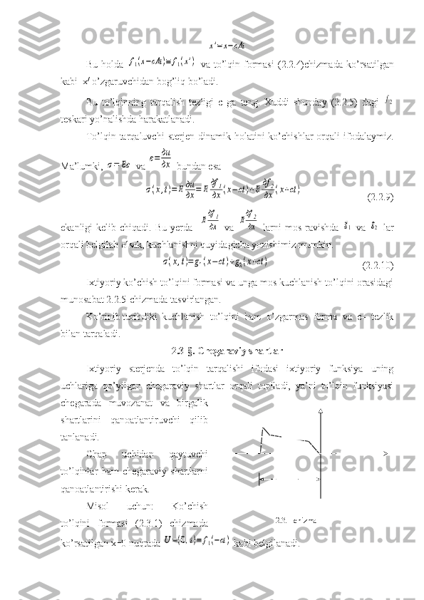 x'=x−cΔtBu   h olda  	
f1(x−cΔt	)≡	f1(x')   va   to ’ lqin   formasi   (2.2.4) chizmada   ko ’ rsatilgan
kabi    x /
  o ’ zgaruvchidan   bog ’ liq   bo ’ ladi .
Bu   to’lqinning   tarqalish   tezligi   c   ga   teng.   Xuddi   shunday   (2.2.5)   dagi  	
f2
teskari yo’nalishda harakatlanadi.
To’lqin  tarqaluvchi   sterjen  dinamik   holatini   ko’chishlar   orqali   ifodalaymiz.
Ma’lumki, 	
σ=	Eε  va 	ε=	ди
дх  bundan esa
                      	
σ(х,t)=	E	ди
дх	=	E	
дf	1
дх	(x−ct	)+E	
дf	2
дх	(x+ct	)                           (2.2.9)
ekanligi  kelib  chiqadi.  Bu yerda   	
E
дf	1
дх   va  	E
дf	2
дх   larni  mos  ravishda  	g1   va  	g2   lar
orqali belgilab olsak, kuchlanishni quyidagicha yozishimiz mumkin.
                                        	
σ(х,t)=	g1(x−	ct	)+g2(x+ct	)                                      (2.2.10)
Ixtiyoriy ko’chish to’lqini formasi va unga mos kuchlanish to’lqini orasidagi
munosabat 2.2.5-chizmada tasvirlangan.
Ko’rinib turibdiki kuchlanish   to’lqini   ham   o’zgarmas   forma   va   c–   tezlik
bilan tarqaladi.
2.3-§.  Chegaraviy shartlar
Ixtiyoriy   sterjenda   to’lqin   tarqalishi   ifodasi   ixtiyoriy   funksiya   uning
uchlariga   qo’yilgan   chegaraviy   shartlar   orqali   topiladi,   ya’ni   to’lqin   funksiyasi
chegarada   muvozanat   va   birgalik
shartlarini   qanoatlantiruvchi   qilib
tanlanadi.
Chap   uchidan   qaytuvchi
to’lqinlar   ham   chegaraviy   shartlarni
qanoatlantirishi kerak.
Misol   uchun:   Ko’chish
to’lqini   formasi   (2.3.1)   chizmada
ko’rsatilgan x=0 nuqtada 	
U=(0,t)=	f1(−ct)  kabi belgilanadi. 2.3.1-chizma 