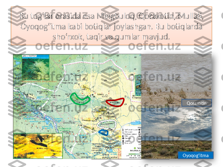 Bu tog‘lar orasida esa Mingbuloq, Qoraxotin, Mullali, 
Oyoqog‘itma kabi botiqlar joylashgan. Bu botiqlarda 
sho‘rxok, taqir va qumlar mavjud.
Qoraxotin
Oyoqog‘itma    