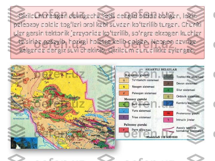 Qizilqum neogen davrigacha Tetis dengizi ostida bo‘lgan, lekin 
paleozoy qoldiq tog‘lari orol kabi suvdan ko‘tarilib turgan. Chunki 
ular gersin tektonik jarayonida ko‘tarilib, so‘ngra ekzogen kuchlar 
ta’sirida pasayib, hozirgi holatga kelib qolgan. Neogen davriga 
kelganda dengiz suvi chekinib, Qizilqum quruqlikka aylangan.   