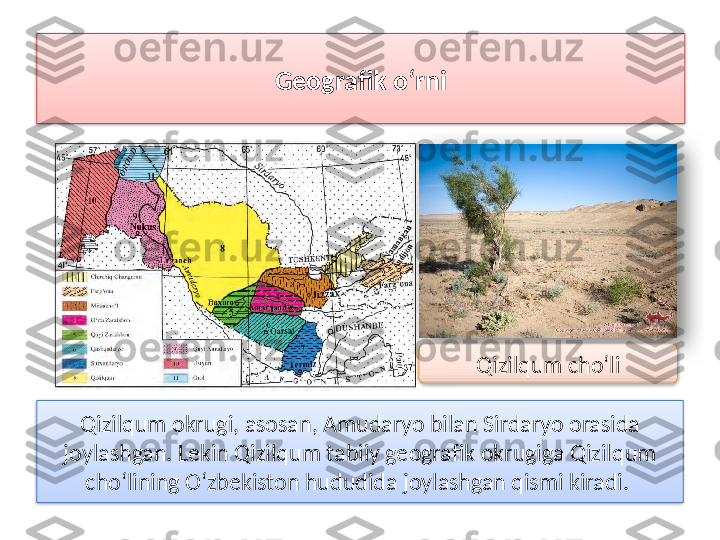 Qizilqum okrugi, asosan, Amudaryo bilan  Sirdaryo orasida 
joylashgan. Lekin Qizilqum tabiiy geografik okrugiga Qizilqum 
cho‘lining O‘zbekiston hududida joylashgan qismi kiradi.  Geografik o‘rni
Qizilqum cho‘li     