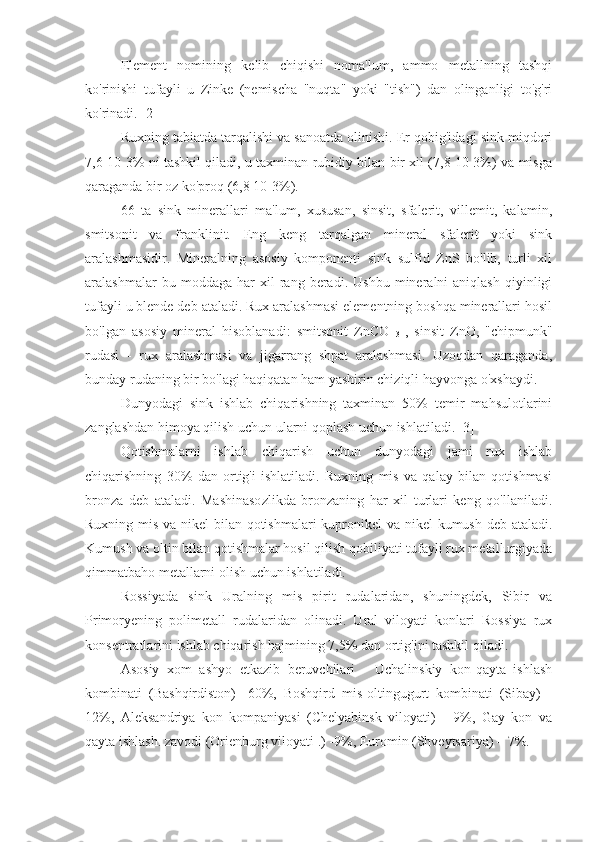 Element   nomining   kelib   chiqishi   noma'lum,   ammo   metallning   tashqi
ko'rinishi   tufayli   u   Zinke   (nemischa   "nuqta"   yoki   "tish")   dan   olinganligi   to'g'ri
ko'rinadi. [2]
Ruxning tabiatda tarqalishi va sanoatda olinishi. Er qobig'idagi sink miqdori
7,6 10-3% ni tashkil qiladi, u taxminan rubidiy bilan bir xil (7,8 10-3%) va misga
qaraganda bir oz ko'proq (6,8 10-3%).
66   ta   sink   minerallari   ma'lum,   xususan,   sinsit,   sfalerit,   villemit,   kalamin,
smitsonit   va   franklinit.   Eng   keng   tarqalgan   mineral   sfalerit   yoki   sink
aralashmasidir.   Mineralning   asosiy   komponenti   sink   sulfid   ZnS   bo'lib,   turli   xil
aralashmalar   bu  moddaga   har   xil   rang   beradi.   Ushbu   mineralni   aniqlash   qiyinligi
tufayli u blende deb ataladi. Rux aralashmasi elementning boshqa minerallari hosil
bo'lgan   asosiy   mineral   hisoblanadi:   smitsonit   ZnCO  
3   ,   sinsit   ZnO,   "chipmunk"
rudasi   -   rux   aralashmasi   va   jigarrang   shpat   aralashmasi.   Uzoqdan   qaraganda,
bunday rudaning bir bo'lagi haqiqatan ham yashirin chiziqli hayvonga o'xshaydi.
Dunyodagi   sink   ishlab   chiqarishning   taxminan   50%   temir   mahsulotlarini
zanglashdan himoya qilish uchun ularni qoplash uchun ishlatiladi. [3]
Qotishmalarni   ishlab   chiqarish   uchun   dunyodagi   jami   rux   ishlab
chiqarishning   30%   dan   ortig'i   ishlatiladi.   Ruxning   mis   va   qalay   bilan   qotishmasi
bronza   deb   ataladi.   Mashinasozlikda   bronzaning   har   xil   turlari   keng   qo'llaniladi.
Ruxning mis va nikel bilan qotishmalari  kupronikel  va nikel  kumush deb ataladi.
Kumush va oltin bilan qotishmalar hosil qilish qobiliyati tufayli rux metallurgiyada
qimmatbaho metallarni olish uchun ishlatiladi.
Rossiyada   sink   Uralning   mis   pirit   rudalaridan,   shuningdek,   Sibir   va
Primoryening   polimetall   rudalaridan   olinadi.   Ural   viloyati   konlari   Rossiya   rux
konsentratlarini ishlab chiqarish hajmining 7,5% dan ortig'ini tashkil qiladi.
Asosiy   xom   ashyo   etkazib   beruvchilari   -   Uchalinskiy   kon-qayta   ishlash
kombinati   (Bashqirdiston)   -60%,   Boshqird   mis-oltingugurt   kombinati   (Sibay)   -
12%,   Aleksandriya   kon   kompaniyasi   (Chelyabinsk   viloyati)   -   9%,   Gay   kon   va
qayta ishlash. zavodi (Orienburg viloyati .) -9%, Euromin (Shveytsariya) – 7%.  