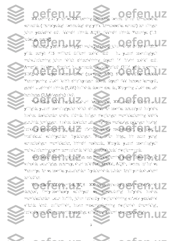 XX asrning 90-yillari va XXI asrning boshlarida Evropa  Ittifoqi farmatsevtika
sanoatida   (Frantsiyadagi   Evropadagi   eng   yirik   farmatsevtika   sanoati)   tan   olingan
jahon   yetakchisi   edi.   Ikkinchi   o'rinda   AQSh,   ikkinchi   o'rinda   Yaponiya   (1.2-
jadvalga qarang).
navbatdagi yuqori texnologiyali   mahsulotlarning jahon ishlab chiqarishi 2004
yilda   qariyb   405   milliard   dollarni   tashkil   etdi   -   bu   yuqori   texnologiyali
mahsulotlarning   jahon   ishlab   chiqarishining   deyarli   14   foizini   tashkil   etdi.
Amerika   Qo'shma   Shtatlari   bu   sanoatda   ustunlik   qiladi   (2004   yilda   taxminan
50%),   undan   keyin   Evropa   Ittifoqi   (taxminan   30%).   Shuni   ta'kidlash   kerakki,
Yaponiyaning   ulushi   ko'rib   chiqilayotgan   davrda   deyarli   ikki   baravar   kamaydi,
garchi u uchinchi o'rinda (6,9%) bo'lishda davom etsa-da, Xitoyning ulushi esa uch
barobarga (2,5 foizgacha) o'sdi.
Yuqoridagi   tahlil   natijalari   shuni   ko'rsatadiki,   XXI   asrning   birinchi   o'n
yilligida   yuqori   texnologiyalar   ishlab   chiqarish   fan-texnika   taraqqiyoti   bo'yicha
boshqa   davlatlardan   ancha   oldinda   bo'lgan   rivojlangan   mamlakatlarning   kichik
guruhida jamlangan.  Boshqa  davlatlar  uchun og‘irlik markaziga  aylangan hozirgi
iqtisodiy   yetakchilarning   har   biri   o‘zining   asosiy   resurslaridan,   eng   avvalo,
intellektual   salohiyatidan   foydalangan.   Shu   bilan   birga,   bir   qator   yangi
sanoatlashgan   mamlakatlar,   birinchi   navbatda,   Xitoyda   yuqori   texnologiyali
mahsulotlarning ayrim tarmoqlarida ishlab chiqarish jadal rivojlanmoqda.
Rivojlangan   bozor   iqtisodiyotiga   ega   mamlakatlarning   yuqori   texnologiyalar
sohasida   ustunligiga qaramay,  shuni   ta'kidlash  kerakki, AQSh,  Evropa  Ittifoqi  va
Yaponiya fan va texnika yutuqlaridan foydalanishda tubdan farqli yondashuvlarni
tanladilar.
Yuqorida ta’kidlanganidek, AQSH XXI asrga   iqtisodiyot ko‘lami, rivojlanish
darajasi,   ilmiy-texnikaviy   salohiyati   va   samaradorligi   bo‘yicha   boshqa
mamlakatlardan   ustun   bo‘lib,   jahon   iqtisodiy   rivojlanishining   so‘zsiz   yetakchisi
sifatida   kirdi.   qo'llanilishi,   bozor   mexanizmlarining   rivojlanish   dinamikligi,
iqtisodiyotni davlat tomonidan tartibga solishning ko'lami va samaradorligi  .
9 