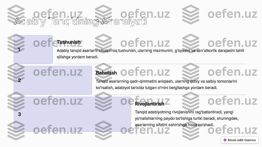 Adabiy Tanqidning  Ahamiyati	
1 Tushunish 
Adabiy
 tanqid  asarlarni  chuqurroq  tushunish , ularning  mazmunini , g ‘oyasini  va  san 'atkorlik  darajasini  tahlil
qilishga  yordam  beradi .
2 Baholash 
Tanqid
 asarlarning  qadr -qimmatini  aniqlash , ularning  ijobiy  va  salbiy  tomonlarini
ko ‘rsatish , adabiyot  tarixida  tutgan  o ‘rnini  belgilashga  yordam  beradi .
3 Rivojlantirish 
Tanqid
 adabiyotning  rivojlanishini  rag ‘batlantiradi , yangi
yo ‘nalishlarning  paydo  bo ‘lishiga  turtki  beradi , shuningdek ,
asarlarning  sifatini  oshirishga  hissa  qo ‘shadi .  