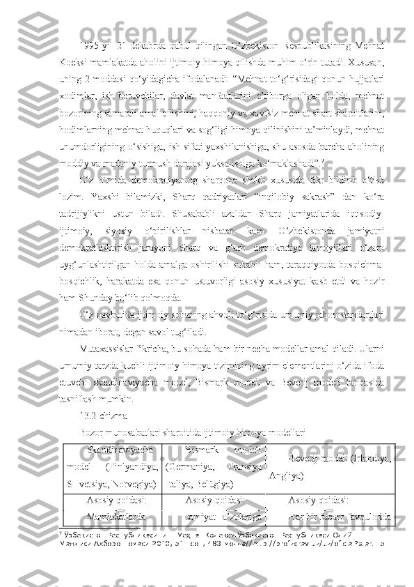 1995   yil   21-dekabrda   qabul   qilingan   O‘zbekiston   Respublikasining   Mehnat
Koeksi mamlakatda aholini ijtimoiy himoya qilishda muhim o‘rin tutadi. Xususan,
uning 2-moddasi  qo‘yidagicha ifodalanadi: “Mehnat  to‘g‘risidagi qonun hujjatlari
xodimlar,   ish   beruvchilar,   davlat   manfaatlarini   e’tiborga   oligan   holda,   mehnat
bozorining samarali amal qilishini, haqqoniy va xavfsiz mehnat shart-sharoitlarini,
hodimlarning mehnat huquqlari va sog‘ligi himoya qilinishini ta’minlaydi, mehnat
unumdorligining o‘sishiga, ish sifati yaxshilanishiga, shu asosda barcha aholining
moddiy va madaniy turmush darajasi yuksalishiga ko‘maklashadi”. 7
O‘z   o`rnida   demokratiyaning   sharqona   shakli   xususida   fikr   bildirib   o‘tish
lozim.   Yaxshi   bilamizki,   Sharq   qadriyatlari   “inqilobiy   sakrash”   dan   ko‘ra
tadrijiylikni   ustun   biladi.   Shusababli   azaldan   Sharq   jamiyatlarida   iqtisodiy-
ijtimoiy,   siyosiy   o‘pirilishlar   nisbatan   kam.   O‘zbekistonda   jamiyatni
demokratlashtirish   jarayoni   Sharq   va   g‘arb   demokratiya   tamoyillari   o‘zaro
uyg‘unlashtirilgan  holda  amalga   oshirilishi   sababli   ham,  taraqqiyotda   bosqichma-
bosqichlik,   harakatda   esa   qonun   ustuvorligi   asosiy   xususiyat   kasb   etdi   va   hozir
ham Shunday bo‘lib qolmoqda.
O‘z navbatida ijtimoiy sohaning ahvoli to‘g‘risida umumiy jahon standartlari
nimadan iborat, degan savol tug‘iladi.
Mutaxassislar fikricha, bu sohada ham bir necha modellar amal qiladi. Ularni
umumiy tarzda kuchli ijtimoiy himoya tizimining ayrim elementlarini o‘zida ifoda
etuvchi   skandinaviyacha   model,   Bismark   modeli   va   Beverij   modeli   tariqasida
tasniflash mumkin. 
13.2-chizma
Bozor munosabatlari sharoitida ijtimoiy himoya modellari
Skandinaviyacha
model   (Finlyandiya,
SHvetsiya, Norvegiya) Bismark   modeli
(Germaniya,   Fransiya
Italiya, Belügiya) Beverij modeli (Irlandiya,
Angliya)
Asosiy qoidasi: Asosiy qoidasi: Asosiy qoidasi:
Mamlakatlarda Jamiyat   a’zolariga Har bir fuqaro favqulodda
7
  Ўзбекистон Республикасининг Ме нат Кодекси.Ўзбекистон Республикаси Олий ҳ
Мажлиси Ахборотномаси 2010, 51 –сон, 483-модда// http://profzdrav.uz/uz/oficial?start=5 