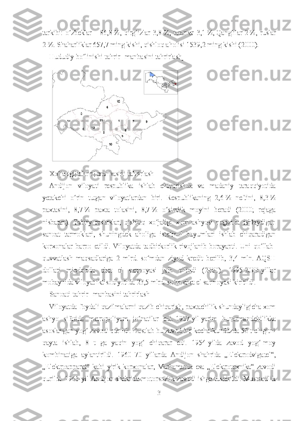 tarkibi:   o zbeklarʻ   –   86,8   %,   qirg izlar   3,8	ʻ   %,   tatarlar   3,1   %,   Qanglilar   2   %,   ruslar
2   %. Shaharliklar 657,7 ming kishi, qishloq aholisi 1539,2 ming kishi (2000).
Hududiy bo linishi[	
ʻ tahrir   |   manbasini tahrirlash ]
Xo jaligi[	
ʻ tahrir   |   manbasini tahrirlash ]
Andijon   viloyati   respublika   ishlab   chiqarishda   va   madaniy   taraqqiyotida
yetakchi   o rin   tutgan   viloyatlardan   biri.   Respublikaning   2,6	
ʻ   %   neftini,   8,3   %
paxtasini,   8,7   %   paxta   tolasini,   8,7   %   o simlik   moyini   beradi   (2000;   rejaga	
ʻ
nisbatan).   Tabiiy   resurslar,   qishloq   xo jaligi   xom   ashyosi   negizida   ishlaydigan	
ʻ
sanoat   tarmoklari,   shuningdek   aholiga   iste mol   buyumlari   ishlab   chiqaradigan	
ʼ
korxonalar   barpo   etildi.   Viloyatda   tadbirkorlik   rivojlanib   borayapti.   Uni   qo llab-	
ʻ
quvvatlash   maqsadlariga   2   mlrd.   so mdan   ziyod   kredit   berilib,   3,4   mln.   AQSH	
ʻ
dollari   miqdorida   chet   el   sarmoyasi   jalb   qilindi   (2000).   1995-2000-yillar
mobaynida viloyat iktisodiyotida 23,5 mlrd. so m chet el sarmoyasi kiritildi.	
ʻ
Sanoati[ tahrir   |   manbasini tahrirlash ]
Viloyatda foydali qazilmalarni qazib chiqarish, paxtachilik shundayligicha xom
ashyo   sifatida   metropoliyam   jo natilar   edi.	
ʻ   1907-yil   yarim   hunarmandchilikka
asoslangan yog  zavodi qurildi. Dastlab bu zavod bir kecha-kunduzda 50 t chigitni	
ʻ
qayta   ishlab,   8   t   ga   yaqin   yog   chiqarar   edi.   1954-yilda   zavod   yog -moy	
ʻ ʻ
kombinatiga   aylantirildi.   1960–70   yillarda   Andijon   shahrida   „Elektrodvigatel“,
„Elektroapparat“   kabi   yirik   korxonalar,   Marhamatda   esa   „Elektrotexnika“   zavodi
qurildi. 1941-yil Andijon shahrida motorsozlik zavodi ishga tushirildi. Mustaqillik
3 