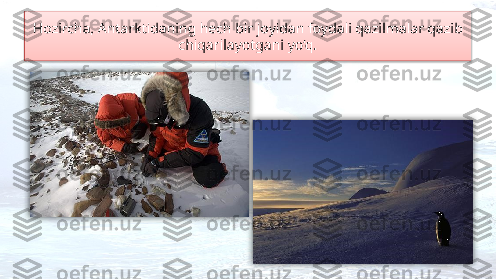 Hozircha, Antarktidaning hech bir joyidan foydali qazilmalar qazib 
chiqarilayotgani yo‘q.    