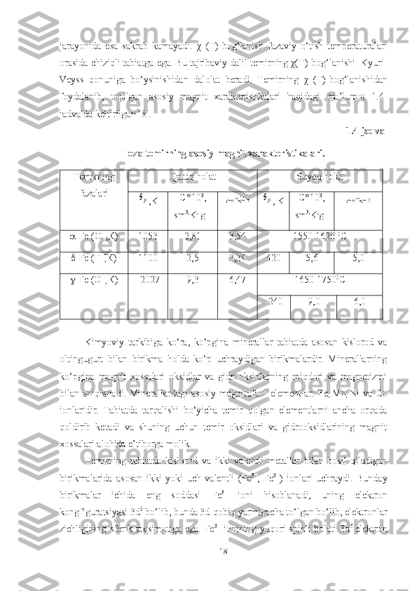 jarayonida   esa   sakrab   kamayadi.   χ -1
(T)-bog‘lanish   fazaviy   o‘tish   temperaturalari
orasida chiziqli tabiatga ega. Bu tajribaviy dalil temirning χ(T)-bog‘lanishi  Kyuri-
Veyss   qonuniga   bo‘ysinishidan   dalolat   beradi.   Temirning   χ -1
(T)-bog‘lanishidan
foydalanib,   topilgan   asosiy   magnit   xarakteristikalari   haqidagi   ma’lumot   1.4-
jadvalda keltirilgan [8].
1.4-jadval 
Toza temirning asosiy magnit xarakteristikalari.   
Temirning
fazalari Qattiq holat Suyuq holatθP
,K С *10 2
,
sm 3,
K ,
 g  -1 µ
eff ,µ
B	θP
, K С *10 2
,
sm 3,
K ,
g -1 µ
eff ,µ
B
 - Fe  (ОЦК) 1053 2,81 3,54 1550-1620  0
С
 -Fe  (ГЦК) 1100 2,5 3,34 420 5,6 5,0
 -Fe  (ОЦК) -2027 9,3 6,47 1650-1750 0
С
-240 9,0 6,0
Kimyoviy   tarkibiga   ko‘ra,   ko‘pgina   minerallar   tabiatda   asosan   kislorod   va
oltingugurt   bilan   birikma   holda   ko‘p   uchraydigan   birikmalardir.   Minerallarning
ko‘pgina   magnit   xossalari   oksidlar   va   gidrooksidlarning   miqdori   va   magnetizmi
bilan   aniqlanadi.   Minerallardagi   asosiy   magnitofaol   elementlar:   Fe
,   Mn
,   Ni   va   Co
ionlaridir.   Tabiatda   tarqalishi   bo‘yicha   temir   qolgan   elementlarni   ancha   orqada
qoldirib   ketadi   va   shuning   uchun   temir   oksidlari   va   gidrooksidlarining   magnit
xossalari alohida e’tiborga molik.
Temirning   tabiatda   kislorod   va   ikki   valentli   metallar   bilan   hosil   qiladigan
birikmalarida   asosan   ikki   yoki   uch   valentli   (Fe 3+
,   Fe 2+
)   ionlari   uchraydi.   Bunday
birikmalar   ichida   eng   soddasi   Fe 3+  
ioni   hisoblanadi,   uning   elektron
kongfiguratsiyasi 3d 5
 bo‘lib, bunda 3d-qobiq yarmigacha to‘lgan bo‘lib, elektronlar
zichligining sferik taqsimotiga  ega. Fe 2+
  ionining yuqori  spinli  holati  3d 6  
elektron
18 