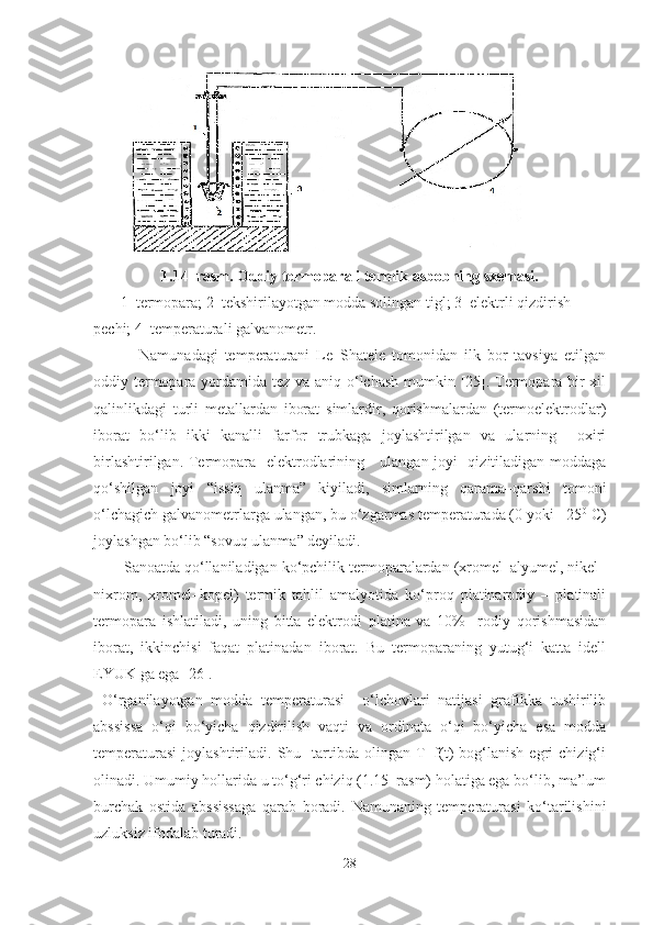  
1.14–rasm. Oddiy termoparali termik asbobning sxemasi.  
       1–termopara; 2–tekshirilayotgan modda solingan tigl; 3–elektrli qizdirish 
pechi; 4–temperaturali galvanometr.
              Namunadagi   temperaturani   Le–Shatele   tomonidan   ilk   bor   tavsiya   etilgan
oddiy termopara yordamida tez va aniq o‘lchash mumkin [25]. Termopara bir  xil
qalinlikdagi   turli   metallardan   iborat   simlardir,   qorishmalardan   (termoelektrodlar)
iborat   bo‘lib   ikki   kanalli   farfor   trubkaga   joylashtirilgan   va   ularning     oxiri
birlashtirilgan. Termopara   elektrodlarining     ulangan joyi   qizitiladigan moddaga
qo‘shilgan   joyi   “issiq   ulanma”   kiyiladi,   simlarning   qarama–qarshi   tomoni
o‘lchagich galvanometrlarga ulangan, bu o‘zgarmas temperaturada (0 yoki +25 0
 C)
joylashgan bo‘lib “sovuq ulanma” deyiladi. 
       Sanoatda qo‘llaniladigan ko‘pchilik termoparalardan (xromel–alyumel, nikel–
nixrom,   xromel–kopel)   termik   tahlil   amalyotida   ko‘proq   platinarodiy   –   platinali
termopara   ishlatiladi,   uning   bitta   elektrodi   platina   va   10%     rodiy   qorishmasidan
iborat,   ikkinchisi   faqat   platinadan   iborat.   Bu   termoparaning   yutug‘i   katta   idell
EYUK ga ega [26].
  O‘rganilayotgan   modda   temperaturasi     o‘lchovlari   natijasi   grafikka   tushirilib
abssissa   o‘qi   bo‘yicha   qizdirilish   vaqti   va   ordinata   o‘qi   bo‘yicha   esa   modda
temperaturasi   joylashtiriladi.   Shu     tartibda   olingan   T=f(t)   bog‘lanish   egri   chizig‘i
olinadi. Umumiy hollarida u to‘g‘ri chiziq (1.15–rasm) holatiga ega bo‘lib, ma’lum
burchak   ostida   abssissaga   qarab   boradi.   Namunaning   temperaturasi   ko‘tarilishini
uzluksiz ifodalab turadi. 
28 