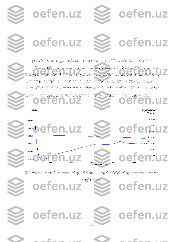 §3.4. Minerallar gematit va markazitlarning differensial termik tahlili 
Yuqoridagi   namunalarning   termoanalitik   tadqiqoti   Netzsch   Simultaneous
Analyzer   STA   409   PG   (Germaniya)   asbobida   o’tkazildi.   Barcha   o’lchovlar   azot
oqimining   tezligi   50   ml/min   bo'lgan   inertli   azot   atmosferasida   o'tkazildi.
O’lchashlar   20-600 о
С   temperatura   diapazonida   olib   borildi   [24-26].   Kuzatish
tezligi 10K/min ga teng. Namunalarnng o’lchov miqdori 30 mg ni tashkil etadi. 
3.7-rasm.   Gematit mineralining DSK va TG egri chizig‘ining temperaturadan
bog‘lanishi.
53 