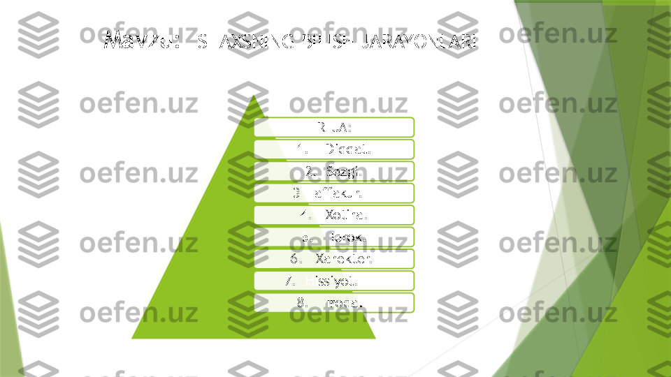         Mavzu:   SHAXSNING BILISH JARAYONLARI
REJA:
1.    Diqqat.
2.  Sezgi.
3  Taffakur.   
4.   Xotira.
5.    Idrok.
  6.   Xarekter.  
   7.  Hissiyot.        
8.    Iroda.                            