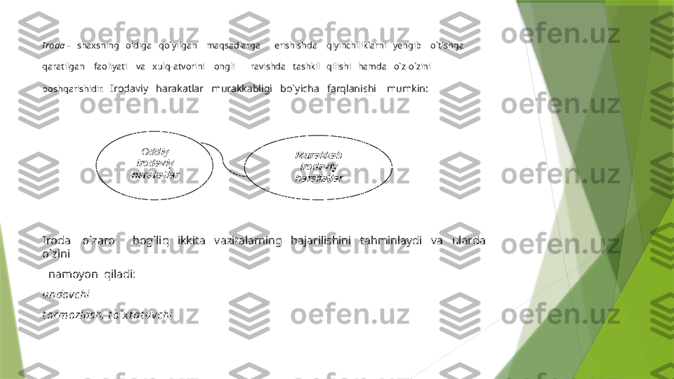 I roda -    shaxsning   oldiga   qo`yilgan    maqsadlarga      erishishda    qiyinchiliklarni   yengib    o`tishga 
qaratilgan    faoliyati    va   xulq-atvorini    ongli       ravishda   tashkil   qilishi   hamda   o`z-o`zini 
boshqarishidir.    Irodaviy   harakatlar   murakkabligi   bo`yicha   farqlanishi    mumkin:
Iroda    o`zaro      bog`liq   ikkita   vazifalarning   bajarilishini   tahminlaydi   va   ularda   
o`zini
   namoyon  qiladi:
undovchi
t ormozlash, t o`x t at uvchi Oddiy 
irodaviy
harakatlar Murakkab 
irodaviy
harakatlar                 