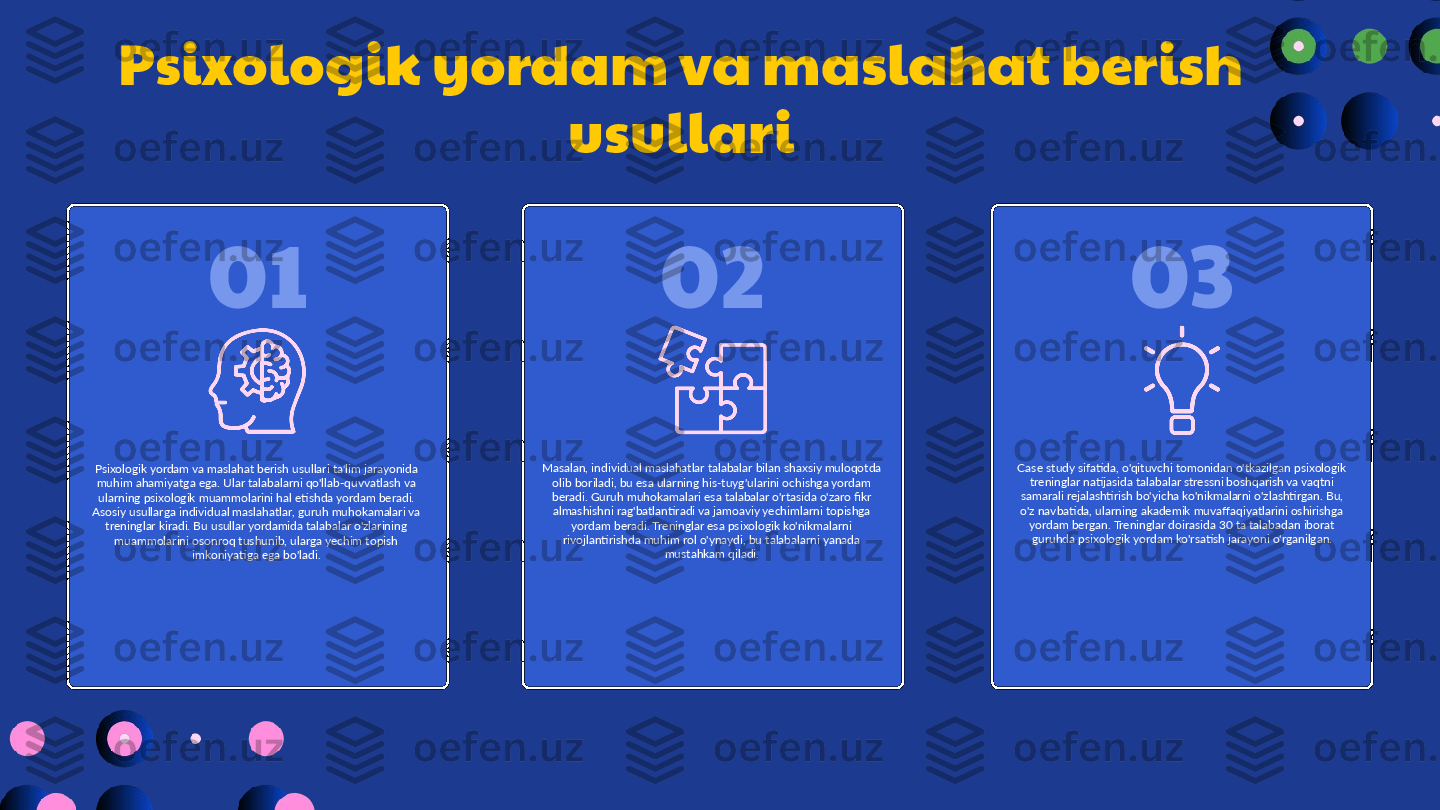 0201 03Psixologik yordam va maslahat berish 
usullari
Psixologik yordam va maslahat berish usullari ta'lim jarayonida 
muhim ahamiyatga ega. Ular talabalarni qo'llab-quvvatlash va 
ularning psixologik muammolarini hal etishda yordam beradi. 
Asosiy usullarga individual maslahatlar, guruh muhokamalari va 
treninglar kiradi. Bu usullar yordamida talabalar o'zlarining 
muammolarini osonroq tushunib, ularga yechim topish 
imkoniyatiga ega bo'ladi. Masalan, individual maslahatlar talabalar bilan shaxsiy muloqotda 
olib boriladi, bu esa ularning his-tuyg'ularini ochishga yordam 
beradi. Guruh muhokamalari esa talabalar o'rtasida o'zaro fikr 
almashishni rag'batlantiradi va jamoaviy yechimlarni topishga 
yordam beradi. Treninglar esa psixologik ko'nikmalarni 
rivojlantirishda muhim rol o'ynaydi, bu talabalarni yanada 
mustahkam qiladi. Case study sifatida, o'qituvchi tomonidan o'tkazilgan psixologik 
treninglar natijasida talabalar stressni boshqarish va vaqtni 
samarali rejalashtirish bo'yicha ko'nikmalarni o'zlashtirgan. Bu, 
o'z navbatida, ularning akademik muvaffaqiyatlarini oshirishga 
yordam bergan. Treninglar doirasida 30 ta talabadan iborat 
guruhda psixologik yordam ko'rsatish jarayoni o'rganilgan. 