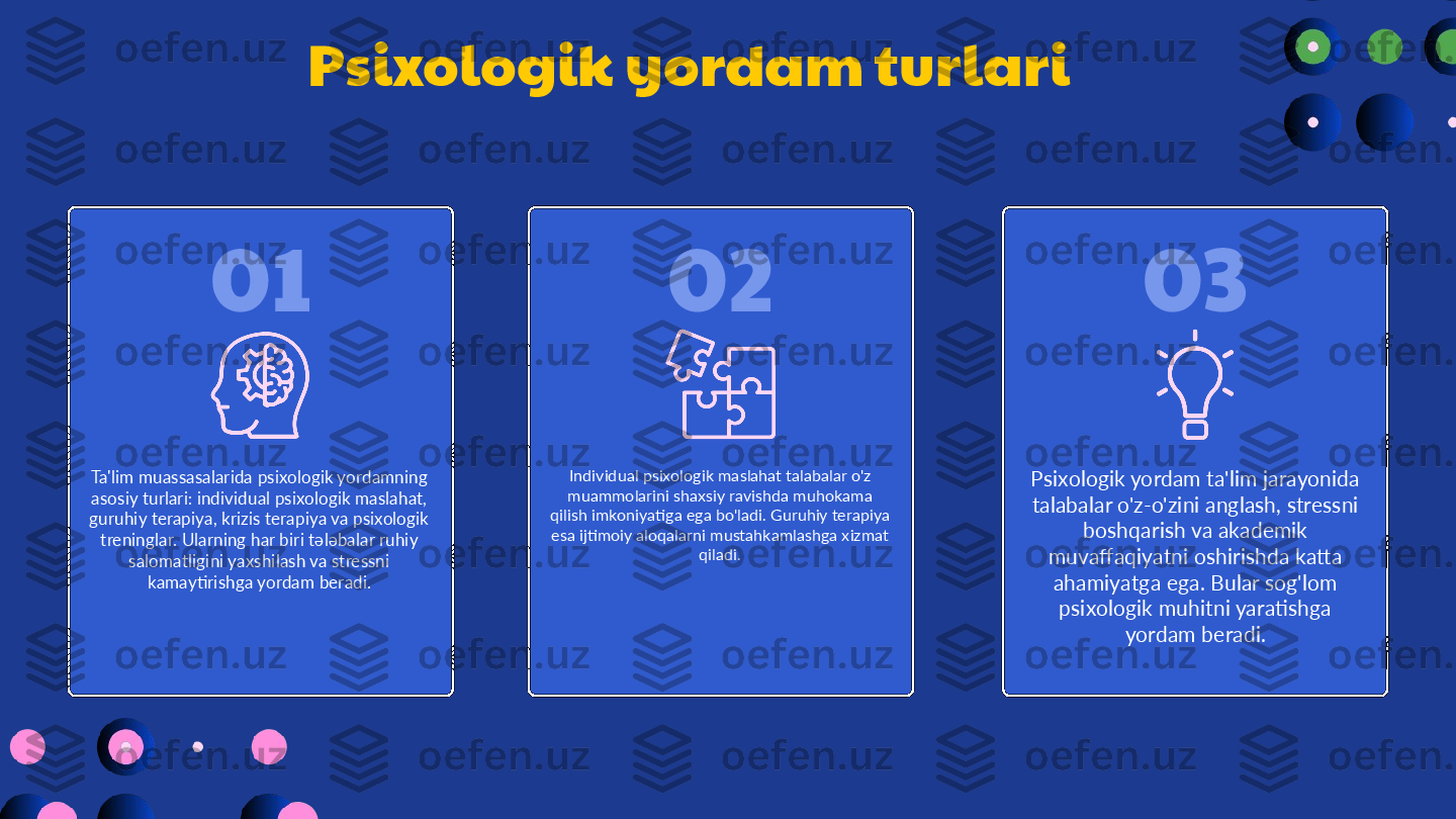 0201 03Psixologik yordam turlari
Ta'lim muassasalarida psixologik yordamning 
asosiy turlari: individual psixologik maslahat, 
guruhiy terapiya, krizis terapiya va psixologik 
treninglar. Ularning har biri tələbalar ruhiy 
salomatligini yaxshilash va stressni 
kamaytirishga yordam beradi. Individual psixologik maslahat talabalar o'z 
muammolarini shaxsiy ravishda muhokama 
qilish imkoniyatiga ega bo'ladi. Guruhiy terapiya 
esa ijtimoiy aloqalarni mustahkamlashga xizmat 
qiladi. Psixologik yordam ta'lim jarayonida 
talabalar o'z-o'zini anglash, stressni 
boshqarish va akademik 
muvaffaqiyatni oshirishda katta 
ahamiyatga ega. Bular sog'lom 
psixologik muhitni yaratishga 
yordam beradi. 