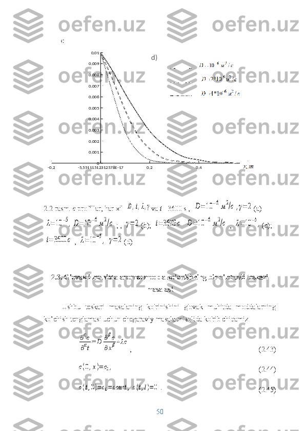 -0.2 -5.55111512312578E-17 0.2 0.4 0.600.0010.0020.0030.0040.0050.0060.0070.0080.009 0.01
d)
2.2-rasm.  c  profillar, har  xil D,t,λ,γ va  t  =3600  s  , 	D	=	10	−6м2/с	,γ=	2 (a)	
λ=	10	−5,D=	10	−6м2/с
; , 	γ=	2 (b); 	t=	3600	c	D	=	10	−6м2/с , 	λ=	10	−5, (c);	
t=	3600	c
, 	λ=	10	−5,	γ=	2 (d)
2.3. G'ovakli muhitda anomal modda ko’chishning bir o'lchovli teskari
masalasi
Ushbu   teskari   masalaning   ko'rinishini   g'ovak   muhitda   moddalarning
ko’chish tenglamasi uchun chegaraviy masala misolida ko'rib chiqamiz
         	
∂αc	
∂αt
=	D	∂βc	
∂xβ+λc ,                      (2.43)	
c(0,x)=	c0,
                   (2.44)
      	
c(t,0)=c0=const	,c(t,l)=0	.                 (2.45)
50 