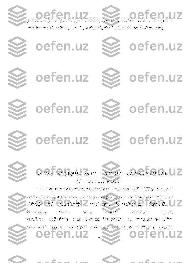 yoqqanda   gulqurg’on   barglari   bir-biriga   birikib   va   ba’zan   yopilib   changchini
namdan saqlab qoladi (qoqio’t, sachratqi, cho’l zubturumi va boshqalarda). 
II-BOB. TADQIQOT SHAROITLARI, OB’EKTI VA USLUBLARI
2.1. Tadqiqot sharoitlari
Tajriba va kuzatuvlarimiz Samarqand shahri hududida 2021-2022 yillarda olib
borildi.   Shuningdek   olib   borilgan   ekspedisiyalar   davomida   areallardan   yig’ilgan
o’simlik   gul   changlarining   morfologik   ko’rsatkichlari   o’rganildi.  
Samarqand   shahri   katta   hududni   egallagan   bo‘lib,
Zarafshon   vodiysining   o‘rta   qismida   joylashgan.   Bu   mintaqaning   iqlimi
kontinental,   quyosh   radiatsiyasi   kuchliligi,   sutkalik   va   mavsumiy   o‘zgarib
20 