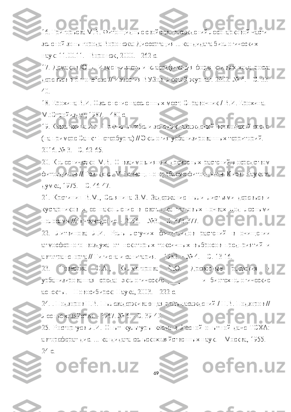 16. Григорьева М.В. Фитонцидные свойства насаждений лесопарковой части 
зеленой зоны города Воронежа: Диссертация ... кандидата биологических 
наук: 11.00.11. - Воронеж, 2000. - 262 с.
17.   Демаков   Ю.П.   Изменчивость   и   классификация   форм   кривых   хода   роста
деревьев в онтогенезе // Известия ВУЗов. Лесной журнал. 2002. № 4. - С. 33-
40.
18.  Ерохина В.И. Озеленение населенных мест: Справочник / В.И. Ерохина. -
М.:Стройиздат, 1987. - 480 с.
19.  Капелькина Л.П. Причины гибели зеленых насаждений в городской среде
(на примере Санкт-Петербурга) // Экология урбанизированных территорий. 
2016. № 3. - С. 62-65.
20.   Колесниченко   М.В.   О   взаимовлиянии   древесных   растений   посредством
фитонцидов // Тез. докл. VII совещ. по проблеме фитонцидов. Киев: Наукова
думка, 1975. – С. 46-47.
21.   Кретинин   В.М.,   Селянина   З.М.   Задержание   пыли   листьями   деревьев   и
кустарников   и   ее   накопление   в   светло-каштановых   почвах   под   лесными
полосами //Почвоведение. – 2006. – №3. – С. 373-377.
22.   Литвинова   Л.И.   Роль   летучих   фитонцидов   растений   в   очищении
атмосферного   воздуха   от   некоторых   токсичных   выбросов   предприятий   и
автотранспорта // Гигиена и санитария. − 1982. − № 4. − С. 13-16.
23.   Неверова   О.А.,   Колмогорова   Е.Ю.   Древесные   растения   и
урбанизированная   среда:   экологические   __________и   биотехнологические
аспекты. – Новосибирск: Наука, 2003. – 222 с.
24.  . Подзоров Н.В. Пылезадерживающая роль насаждений / Н.В. Подзоров //
Лесное хозяйство. - 1967. № 6. - С. 39-40.
25.   Росторгуев   Л.И.   Опыт   культуры   клена   в   Лесной   опытной   даче   ТСХА:
автореферат дис. ... кандидата сельскохозяйственных наук. – Москва, 1955. -
24 с.
69 