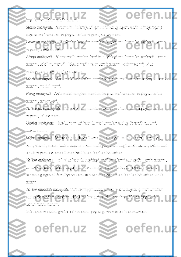 bog`lanish uchun tartib raqam.
Status mohiyati.   Avtomobil holati(sotilgan, olib kelayotgan, sotib olinayotgan ) 
quyida ma`lumotlar saqlaydi: tartib raqami, status nomi.
Lavozim mohiyati.   Xodimlar lavozim nomlari haqida ma`lumotlar saqlaydi: tartib 
raqami, lavozim nomi.
Aloqa mohiyati.   Aloqa ma`lumotlari haqida quyidagi ma`lumotlar saqlaydi: tartib 
raqami, telefon, manzil, faks, e-mail inson tartib raqami xodim va mijozlar 
mohiyatlari bilan bog`lash uchun. 
Model mohiyati.   Avtomobil modellari nomlari haqida ma`lumotlar saqlaydi: tartib
raqami, model nomi.
Rang mohiyati.   Avtomobil ranglari nomlari haqida ma`lumotlar saqlaydi: tartib 
raqami, rang nomi.
To`lov turi mohiyati.   To`lovlar turi nomlari haqida ma`lumotlar saqlaydi: tartib 
raqami, to`lov nomi.
Davlat mohiyati.   Davlat nomlari haqida ma`lumotlar saqlaydi: tartib raqami, 
davlat nomi.
Mijoz mohiyati.   Mijozlar haqida ma`lumotlar saqlaydi: tartib raqami, familiya, 
ismi, sharifi, inson  tartib raqami inson mohiyati bilan bog`lanish uchun, avtomobil
tartib raqami avtomobil mohiyati bilan bog`lanish uchun.
To`lov mohiyati.  To`lovlar haqida quyidagi ma`lumotlarni saqlaydi: Tartib raqami, 
to`lov summasi, to`lov raqami,to`lov qilingan sana, banki, to`lov turi, plastik 
kartaning egasini familiya va ismi xaridor mohiyati bilan bog`lanish uchun tartib 
raqam.
To`lov muddati mohiyati . To`lovning muddatlari bo`yicha quyidagi ma`lumotlar 
saqlaydi: tartib raqami, muddati, to`lov turi, xaridor mohiyati bilan bog`lanish 
uchun tartib raqam.
Infologik modelni grafik ko`rinishini quyidagi rasmda ko`rish mumkin.
11 