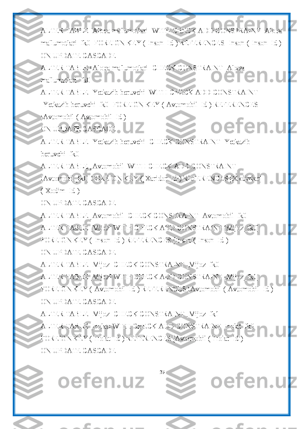 ALTER TABLE [Aloqa ma'lumotlari] WITH CHECK ADD CONSTRAINT [Aloqa 
ma'lumotlari_fk0] FOREIGN KEY ([Inson_Id]) REFERENCES [Inson]([Inson_Id])
ON UPDATE CASCADE
ALTER TABLE [Aloqa ma'lumotlari] CHECK CONSTRAINT [Aloqa 
ma'lumotlari_fk0]
ALTER TABLE [Yetkazib beruvchi] WITH CHECK ADD CONSTRAINT 
[Yetkazib beruvchi_fk0] FOREIGN KEY ([Avtomobil_Id]) REFERENCES 
[Avtomobil]([Avtomobil_Id])
ON UPDATE CASCADE
ALTER TABLE [Yetkazib beruvchi] CHECK CONSTRAINT [Yetkazib 
beruvchi_fk0]
ALTER TABLE [Avtomobil] WITH CHECK ADD CONSTRAINT 
[Avtomobil_fk0] FOREIGN KEY ([Xaridor_Id]) REFERENCES [Xodimlar]
([Xodim_Id])
ON UPDATE CASCADE
ALTER TABLE [Avtomobil] CHECK CONSTRAINT [Avtomobil_fk0]
ALTER TABLE [Mijoz] WITH CHECK ADD CONSTRAINT [Mijoz_fk0] 
FOREIGN KEY ([Inson_Id]) REFERENCES [Inson]([Inson_Id])
ON UPDATE CASCADE
ALTER TABLE [Mijoz] CHECK CONSTRAINT [Mijoz_fk0]
ALTER TABLE [Mijoz] WITH CHECK ADD CONSTRAINT [Mijoz_fk1] 
FOREIGN KEY ([Avtomobil_Id]) REFERENCES [Avtomobil]([Avtomobil_Id])
ON UPDATE CASCADE
ALTER TABLE [Mijoz] CHECK CONSTRAINT [Mijoz_fk1]
ALTER TABLE [Holat] WITH CHECK ADD CONSTRAINT [Holat_fk0] 
FOREIGN KEY ([Holat_Id]) REFERENCES [Avtomobil]([Holat_Id])
ON UPDATE CASCADE
29 