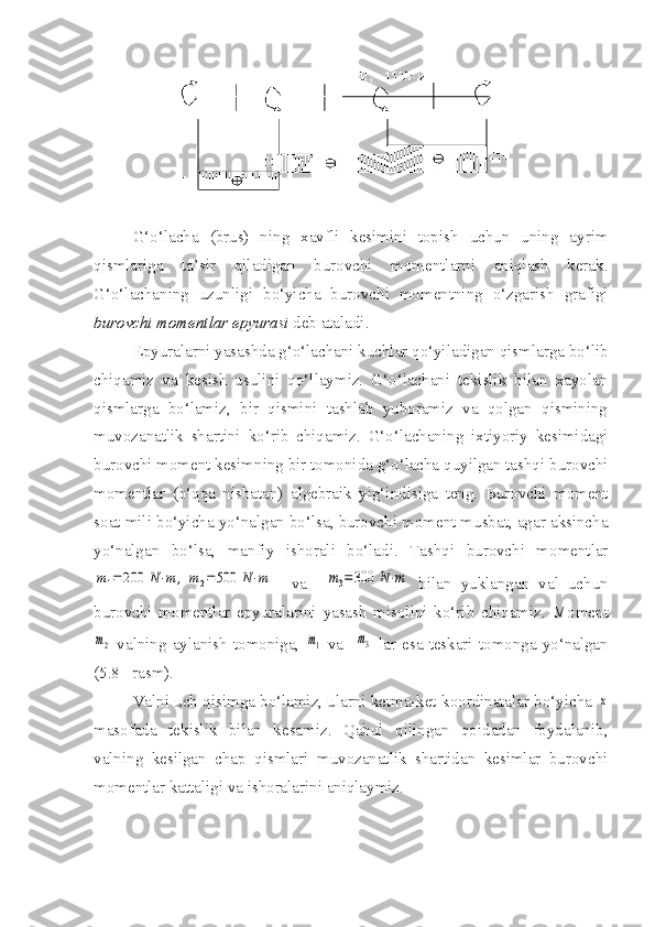 G‘o‘lacha   (brus)   ning   xavfli   kesimini   topish   uchun   uning   ayrim
qismlariga   ta’sir   qiladigan   burovchi   momentlarni   aniqlash   kerak.
G‘o‘lachaning   uzunligi   bo‘yicha   burovchi   momentning   o‘zgarish   grafigi
burovchi momentlar epyurasi  deb ataladi.
Epyuralarni yasashda g‘o‘lachani kuchlar qo‘yiladigan qismlarga bo‘lib
chiqamiz   va   kesish   usulini   qo‘llaymiz.   G‘o‘lachani   tekislik   bilan   xayolan
qismlarga   bo‘lamiz,   bir   qismini   tashlab   yuboramiz   va   qolgan   qismining
muvozanatlik   shartini   ko‘rib   chiqamiz.   G‘o‘lachaning   ixtiyoriy   kesimidagi
burovchi moment kesimning bir tomonida g‘o‘lacha quyilgan tashqi burovchi
momentlar   (o‘qqa   nisbatan)   algebraik   yig‘indisiga   teng.   Burovchi   moment
soat mili bo‘yicha yo‘nalgan bo‘lsa, burovchi moment musbat, agar aksincha
yo‘nalgan   bo‘lsa,   manfiy   ishorali   bo‘ladi.   Tashqi   burovchi   momentlarm1=	200	N⋅m	,	m2=	500	N⋅m
    va    	m3=300	N⋅m   bilan   yuklangan   val   uchun
burovchi   momentlar   epyuralarini   yasash   misolini   ko‘rib   chiqamiz.   Moment	
m2
  valning  aylanish   tomoniga,  	m1   va    	m3   lar  esa  teskari  tomonga  yo‘nalgan
(5.8 –rasm).
Valni uch qisimga bo‘lamiz, ularni ketma-ket koordinatalar bo‘yicha 	
x
masofada   tekislik   bilan   kesamiz.   Qabul   qilingan   qoidadan   foydalanib,
valning   kesilgan   chap   qismlari   muvozanatlik   shartidan   kesimlar   burovchi
momentlar kattaligi va ishoralarini aniqlaymiz. 