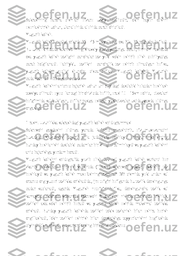 Sakrashning   barcha   qismlari   o‘zaro   uzviy   bog‘liqdir,   lekin   bayon   etishni
osonlashtirish uchun, ular alohida-alohida qarab chiqiladi.
Yugurib kelish.
YUgurib kelish uzoqligi erlarda 35—45 m, ayollarda esa 30—35 m gacha bo‘ladi.
Bu uzoqlik odatda sakrovchining shaxsiy xususiyatlariga qarab, birinchi navbatda
esa   yugurib   kelish   tezligini   qanchalar   tez   yoki   sekin   oshirib   olish   qobiliyatiga
qarab   belgilanadi.   Tabiiyki,     tezlikni     qanchalik   tez   oshirib   olinadigan   bo‘lsa,
yugurib   kelish   uzoqligi   shuncha.   qisqa   bo‘ladi.   YUgurib   kelishda   Yugurish
qadamlari 20—22 tagacha etadi.
YUgurib  kelishni aniqroq bajarish uchun uni quyidagi dastlabki holatdan boshlash
tavsiya qilinadi: oyoq- lar tagi bir chiziqda bo‘lib, orasi 10—15sm ochiq,   tizzalari
bo‘g‘imida sal bukilgan, qo‘llar pastga osilgan yoki tizzalar ustida, gavda oldinga
engashgan.
1-rasm. Uzunlikka sakrashdagi yugurib kelish spidogrammasi
Sakrovchi   gavdasini   oldinga   yanada   ko‘proq   engashtirib,   o‘z   muvozanatini
buzadida,   Yugurishni   deyarli   to‘la   jadallikda   boshlaydi.   YUgurib   kelishning
bunday boshlanishi dastlabki qadamlar bir xilligini ta’minlaydi va yugurib kelishni
aniq bajarishga yordam beradi.
YUgurib   kelishni   spidografda   yozib   olish   ikki   xil   yugurib   kelish   varianti   bor
zkanini   ko‘rsatadi.   Birinchi   variantda   (1-rasm)   sakrovchi   yugurib   kelishni   tez
boshlaydi   va   yugurib   kelish   masofasining   taxminan   2/3   qismida   yoki   undan   sal
ertaroq eng yuqori tezlikka erishadida, ijro to‘g‘ri bo‘lganda bu tezlik depsingunga
qadar   saqlanadi,   agarda   Yugurish   noto‘g‘ri   bo‘lsa,   depsinguncha   tezlik   sal
kamayadi.   Ikkinchi   variantda   sakrovchi   Yugurishni   nisbatan   bemalol   boshlab,
tezlikni   asta-sekii   oshirib   boradi   va   yugurib   kelish   oxirida   maksimal   tezlikka
erishadi.   Bunday   yugurib   kelishda   tezlikni   tekis   tezlanish   bilan   oshira   borish
engillashadi,   lekin   tezlikni   oshirish   bilan   depsinishga   tayyorlanishni   bog‘lashda
qiyinchilik tug‘iladi. Bu variantlarning birinchisi tuzukroq. 