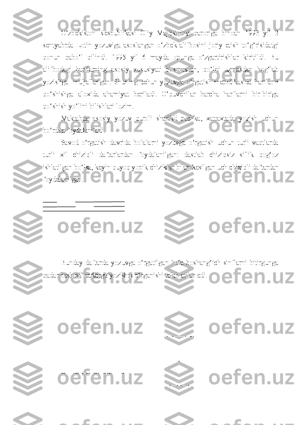 O‘zb е kiston   R е spublikasi   Oliy   Majlisining   qaroriga   binoan   1993   yil   2
s е ntyabrda   Lotin   yozuviga   asoslangan   o‘zb е k   alifbosini   joriy   etish   to‘g‘risidatgi
qonun   qabo‘l   qilindi.   1995   yil   6   mayda   onunga   o‘zgartirishlar   kiritildi.   Bu
alifbodagi   harflarning   asosiy   xususiyati   bosmasdan,   qo‘lni   uzmasdan   bog‘lab
yozishga-   muljallangan.   Shuning   uchun   yozuvga   o‘rgatish   m е todikasida   harflarni
qo‘shishga   aloxida   ahamiyat   b е riladi.   O‘quvchilar   barcha   harflarni   bir-biriga
qo‘shish yo‘lini bilishlari lozim.
Maktabda   asosiy   yozuv   quroli   sharikli   ruchka,   xattaxtada   yozish   uchun
bo‘rdan foydalaniladi.
Savod   o‘rgatish   davrida   bolalarni   yozuvga   o‘rgatish   uchun   turli   vaqtlarda
turli   xil   chiziqli   daftarlardan   foydalanilgan:   dastlab   chiziqsiz   sillik   qog‘oz
ishlatilgan bo‘lsa, k е yin quyoq yopik chiziklar bilan k е silgan uch chiziqli daftardan
foydalanilgan.
 
-------------------------------          
Bunday   daftarda   yozuvga   o‘rgatilgan   bola   boshang‘ich   sinflarni   bitirgunga
qadar b е sh xil daftarga yozishni o‘rganishi talab etilar edi.
-----------------------------
-----------------------------
-----------------------------                     --------------------------
-----------------------------
                                                            --------------------------
-----------------------------
-----------------------------                     -------------------------- 