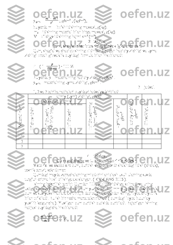 ρ
uyma   =  m 1 − m 2
V  ; g/sm 3
 , (kg/m 3
),
bu yerda m
1  – bo’sh idishning massasi, g(kg).
 m
2  – idishning material bilan birga massasi, g(kg).
 V – o’lchov idishining hajmi sm 3
 (m 3
).
3 –tajriba
Qum, shag’al chaqiqtoshning g’ovakligini aniqlash.
Qum, shag’al va chaqiqtoshning oldindan topilgan haqiqiy zichligi va uyma 
zichligi orqali g’ovaklik quyidagi formula bilan hisoblanadi:
F = ( 1-  p
P uyma  )  ∙ 100 %
Bu yerda ρ – materialning haqiqiy zichligi, g/sm 3
 .
ρ
uyma  – materialning uyma zichligi, g/sm 3
 . 
3 – jadval.
1, 2 va 3 tajriba natijalari quyidagi jadvalga kiritiladiM
aterial nom
i
Hajmiy (uym) zichligi, g/sm 3	
H
aqiqiy zichligi,	
g/sm
3	
G’ovakligi, %
Massalari, gramm	
To’ldiruvchining	
hajm
i, g/sm
3	
U
ym
a zichligi	
g/sm
3	
O’lchov idishi	
To’ldiruvchi,	
idish bilan birga	
To’ldiruvchi
1
2
3
4 – tajriba.
Qumdagi chang va tuproq miqdorini aniqlash .
Material va asboblar:  qum, quritish shkafi, silindr shaklidagi idish (chelak), 
texnik tarozi; sekndomer.
Qumdagi mayda zarrachalarning miqdorini aniqlash usuli ularning suvda 
turg’un eritma hosil qilishiga asoslangan. ( KMK 8785-2005 ).
Ishning bajarilish tartibi: Qumdan 1000 g olinib idishga solinadi va uning 
ustiga suv quyiladi. Suvning sathi qum yuzasidan 200 mm yuqorida bulishi kerak, 
qum va suv yaxshilab aralashtirib, 2 daqiqa tindirilgandan so’ng, loyqa ehtiyotlik 
bilan to’kiladi. Bu ish bir necha marta takrorlanadi ( qumdagi loyqa butunlay 
yuvilib ketguncha ). Yuvilgan qum quritish qutisida quritiladi. Bajarilgan ishning 
natijasi quyidagicha hisoblanadi:
G =  m 1 − m 0
m 1   ∙  100 % 