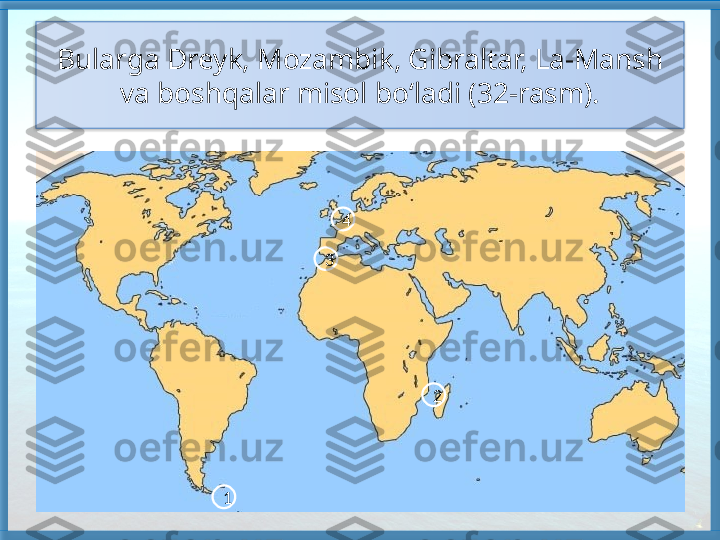 Bularga Dreyk, Mozambik, Gibraltar, La-Mansh 
va boshqalar misol bo‘ladi (32-rasm).
4
3
1 2   
