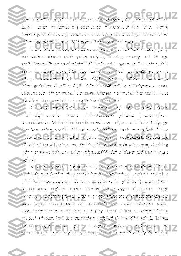 orqali 6,5 million AQSH dollari miqdorida investitsiyalar, shu jumladan 5,6 million
AQSH   dollari   miqdorida   to’g’ridan-to’g’ri   investitsiyalar   jalb   etildi.   Xorijiy
investitsiyalar   ishtirokidagi   korxonalar   tomonidan   ishlab   chiqarilgan   mahsulotlar   va
ko’rsatilgan xizmatlar hajmi 2003-yilda 2,2 milliard so’mni tashkil etdi.
Granit   plitalari,   tikuv,   konditer   va   qurilish   mahsulotlari   kabi   8   turdagi   yangi
mahsulotlarni   eksport   qilish   yo’lga   qo’yilib,   ularning   umumiy   soni   23   taga
yetdi.Eksport qilingan tovarlar hajmi 122,9 million dollarga teng bo’ldi. Uning tashqi
savdo   oborotidagi   ulushi   53,8   foizni   tashkil   etdi.   G’arb   mamlakatlariga   eksport
qilingan   xomashyo   113,6   million   AQSH   dollarini,   MDH   mamlakatlariga
jo’natilganlari esa 9,3 million AQSH dollarini tashkil etdi.Uzoq G’arbga asosan paxta
tolasi,   toladan   olingan   mahsulotlar,   qayta   ishlangan   neft   mahsulotlari   sotildi.   Paxta
tolasi jami eksport mahsulotlarining 95 foizini tashkil etdi.
2002-yilda   respublikada   ishlab   chiqarilgan   26,1   million   AQSH   dollari
miqdoridagi   tovarlar   eksport   qilindi.Mustaqillik   yillarida   Qoraqalpog’iston
Respublikasida   o’zini   o’zi   boshqarish   nodavlat   va   notijorat   tashkilotlar   faoliyatiga
ham   katta   etibor   qaratildi.   2000-yilga   qadar   bo’lgan   davrda   respublikada   140   ta
nodavlat   va   notijorat   tashkilotlar   mavjud   edi.   Aytish   joizki,   «Perzent»   («Farzand»),
«Qishki gullar», «Xalq hunarmandlarining ijodiy ustaxonasi», «Progress», «Orolning
oltin merosi»  va boshqa nodavlat  notijorat  tashkilotlari  to’plagan  tajribalar  diqqatga
loyiqdir.
Mustaqillik   yillarida   o’lkada   aholini   ijtimoiy   muhofaza   qilish,   ularni   ish   bilan
taminlash,   tadbirkorlikni   rivojlantirish   hamda   fuqarolarning   huquqlarini   muhofaza
qilish   kabi   masalalarga   alohida   etibor   qaratildi.Istiqlol   yillarida   Qoraqalpog’iston
Respublikasida   sog’liqni   saqlash   tizimida   ham   muayyan   o’zgarishlar   amalga
oshirildi. Bu borada eng avvalo aholi sog’lig’ini muhofaza qilish va mustahkamlash
uchun   tegishli   moddiy   texnik   baza   yaratish   hamda   malakali   mutaxassis   kadrlar
tayyorlashga   alohida   etibor   qaratildi.   Bugungi   kunda   o’lkada   bu   sohada   1432   ta
malakali   shifokor,   3640   ta   o’rta   tibbiyot   xodimlari   aholi   sog’ligi   yo’lida   faoliyat
ko’rsatishmoqda.   O’tgan   yillar   mobaynida   respublika   shifoxonalari   va
poliklinikalarini   zamonaviy   tibbiy-apparaturalar   bilan   taminlash   bo’yicha   alohida 