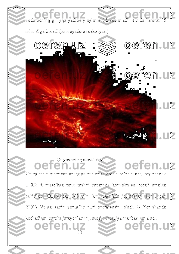 vodorodning   geliyga   yadroviy   aylanishi   hisoblanadi.   Bunda   harorat   15
mln. K ga boradi (termoyadero reaktsiyasi).
 
                          Quyoshning olovli sirti
Uning ichki qismidan energiya nurlanish orqali ko chiriladi, keyinchalikʼ
u   0,2   R   masofaga   teng   tashqi   qatlamda   konvektsiya   orqali   amalga
oshiriladi.   Quyoshdan   149   mln.   km   masofada   joylashgan   Yer   undan
21017   Vt   ga   yaqin   yorug liq   nuri   energiyasini   oladi.   U   Yer   sharida	
ʼ
kechadigan barcha jarayonlarning asosiy energiya manbasi sanaladi.
                                           12 