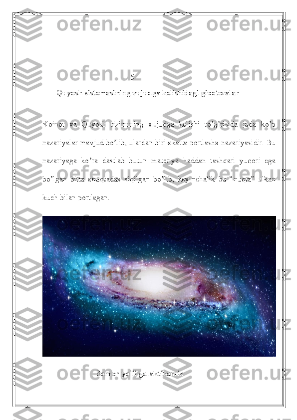                                             5
       Quyosh sistemasining vujudga kelishidagi gipotezalar
Koinot   va   Quyosh   tizimining   vujudga   kelishi   to g risida   juda   ko pʼ ʼ ʼ
nazariyalar mavjud bo lib, ulardan biri «katta portlash» nazariyasidir. Bu	
ʼ
nazariyaga   ko ra   dastlab   butun   materiya   haddan   tashqari   yuqori   ega	
ʼ
bo lgan   bitta   «nuqtada»   siqilgan   bo lib,   keyinchalik   bu   “nuqta”   ulkan	
ʼ ʼ
kuch bilan portlagan. 
                           Somon yo`li galaktikamiz 