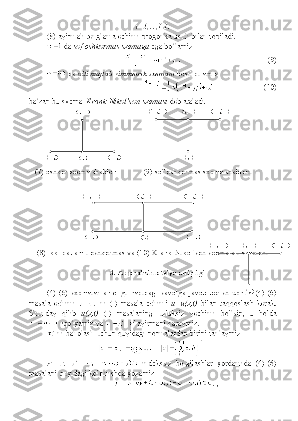 i=1,…,I-1 .
(8)  ayirmali tenglama echimi  progonk a usuli bilan topiladi . 
  da  sof oshkormas sxemaga  ega bo`lamiz 
(9)
  da  olti nuqtali simmetrik sxemani  hosil qilamiz  
(10)
ba`zan bu sxema    Krank-Nikol’son  sxemasi  deb ataladi .
    (7) oshkor sxema shabloni            (9) sof oshkormas sxema shabloni
(8) ikki qatlamli oshkormas va (10) Krank-Nikol’son sxemalari shabloni
3. Approksimatsiya aniqligi
(4)-(6)   sxemalar   aniqligi   haqidagi   savolga   javob   berish   uchun   (4)-(6)
masala   echimi     ni   (I)   masala   echimi   u=u(x,t)   bilan   taqqoslash   kerak.
Shunday   qilib   u(x,t)   (I)   masalaning   uzluksiz   y echimi   bo`lsin,   u   holda
qo`yamiz va   ayirmani qaraymiz .
  ni baholash uchun quyidagi normalardan birini tanlaymiz
.
  indekssiz   belgilashlar   yordamida   (4)-(6)
masalani quyidagi ko`rinishda yozamiz  
,(i, j+1)
(i+1,j)
(i-1,j)
(i, j)
(i, j+1) (i+1,j+1)
(i-1, j+1)
(i, j)(i, j+1) (i+1,j+1)
(i-1, j+1)
(i, j)
(i, j+1) (i+1, j+1)
(i-1, j+1)
(i,j) (i+1, j)
(i-1, j) 