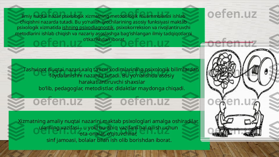 Ilmiy nuqtai nazar psixologik xizmatning metodologik muammolarini ishlab 
chiqishni nazarda tutadi. Bu yo‘nalish ijrochilarining asosiy funksiyasi maktab 
psixologik xizmatida  ishning   psixodiagnostik , psixokorreksion va rivojlantiruvchi 
metodlarini ishlab chiqish va nazariy asoslashga bag‘ishlangan ilmiy tadqiqotlarni 
o‘tkazishdan iborat.
Tashviqot nuqtai nazari xalq ta’limi xodimlarining psixologik bilimlardan 
foydalanishni nazarda tutadi. Bu yo‘nalishda asosiy
  harakatlantiruvchi shaxslar 
bo‘lib, pedagoglar, metodistlar, didaktlar maydonga chiqadi.
Xizmatning amaliy nuqtai nazarini maktab psixologlari amalga oshiradilar, 
ularning vazifasi - u yoki bu aniq vazifani hal qilish uchun 
ota-onalar, o‘qituvchilar, 
sinf jamoasi, bolalar bilan ish olib borishdan iborat.   