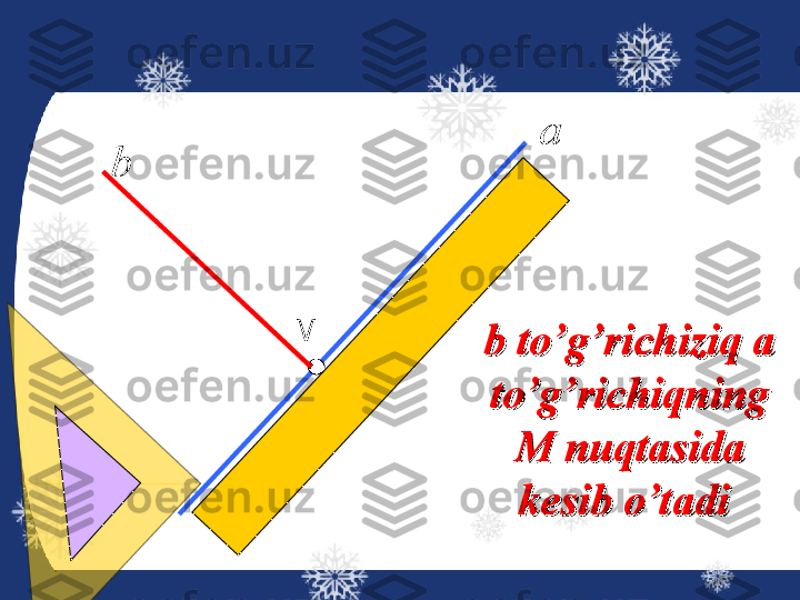 М
b to’g’richiziq a b to’g’richiziq a 
to’g’richiqning to’g’richiqning 
M nuqtasida M nuqtasida 
kesib o’tadi kesib o’tadi  а
b 