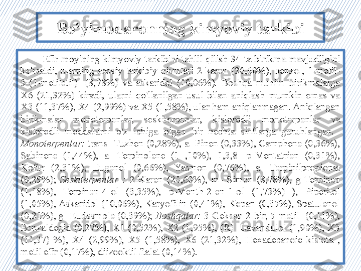 Bo’yimodaronning kimyoviy tarkibi
              Efir  moyining  kimyoviy  tarkibini  tahlil  qilish  34  ta  birikma  mavjudligini 
ko'rsatdi,  ularning  asosiy  tarkibiy  qismlari  2-karen  (20,60%),  benzol,  1-metil-
3-(1-metiletil)-  (8,78%)  va  askaridol  (10,06%).  Boshqa  muhim  birikmalarga 
X6  (21,32%)  kiradi,  ularni  qo'llanilgan  usul  bilan  aniqlash  mumkin  emas  va 
X3 (11,37%), X4 (2,99%) va X5 (1,58%), ular ham aniqlanmagan. Aniqlangan 
birikmalar  monoterpenlar,  seskiterpenlar,   kislorodli  monoterpenlar  va 
kislorodli  moddalarni  o'z  ichiga  olgan  bir  nechta  sinflarga  guruhlangan .    
Monoterpenlar:  trans -Tuzhen (0,28%), a- Pinen (0,33%), Camphene (0,36%), 
Sabinene  (1,44%),  a-  Terpinolene  (1  ,10%),  1,3,8  -p-Mentatrien  (0,31%), 
Kofur  (2,31%),  Eugenol  (0,66%),  Yasmon  (0,76%),  a-  Terpinilpropionat 
(0,29%);  Seskiterpenlar  :   2-Karen  (20,60%),  m-  Simen  (8,78%),  g-Terpinen 
(1,18%),  Terpinen-4-ol  (3,35%),  p-Menth-2-en-1-ol  (1,73%)  ),  Piperitol 
(1,05%), Askaridol  (10,06%),  Karyofilin  (0,41%),  Kopan  (0,35%),  Spatulenol 
(0,21%), g- Eudesmole (0,39%);  Boshqalar:  3-Geksen-2-bir, 5-metil- (0,11%), 
Benzaldegid  (0,27%),  X1  (0,52%),  X2  (1,95%),  (R)  -Lavandulol  (1,90%),  X3 
(11,37)  %),  X4  (2,99%),  X5  (1,58%),  X6  (21,32%),  Hexadecanoic  kislota  , 
metil efir (0,17%), diizooktil ftalat (0,14%).  