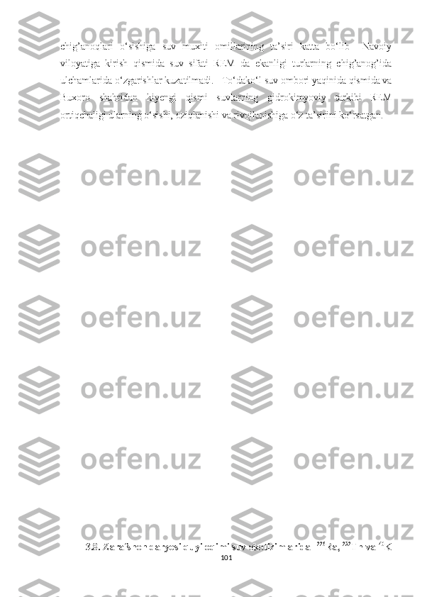 chig’anoqlari   o‘sishiga   suv   muxiti   omillarining   ta’siri   katta   bo‘lib     Navoiy
viloyatiga   kirish   qismida   suv   sifati   REM   da   ekanligi   turlarning   chig’anog’ida
ulchamlarida o‘zgarishlar kuzatilmadi.    To‘dako‘l suv ombori yaqinida qismida va
Buxoro   shahridan   kiyengi   qismi   suvlarning   gidrokimyoviy   tarkibi   REM
ortiqchaligi ularning o‘sishi, oziqlanishi va rivojlanishiga o‘z ta’sirini ko‘rsatgan.  
 
3.8. Zarafshon daryosi quyi oqimi suv ekotizimlarida   226
Ra,  232
Th va  40
K
101 