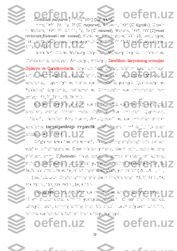 Corbicula purpurea  ( Prime, 1864) (2.9-rasm).
Prime, 1864: 77. Fig. 26 ( C. rurpurea ); Mousson, 1874 ( C. tigridis ): Clessin
in   Martens,   1874:   34.   taf.   11,   fig.   29   ( C.   minima );   Martens,   1876:   377   ( Cyrena
corbicula fluminalis var. oxiana ); Kursalova, Starobogatov, 1971: 95; Izzatullayev,
1980; 1135. ris. 3; Izzatullayev, Boymurodov, 2009: 44-45 23 rasm.; Izzatullayev,
2019: 113-164.
Tarqalishi .   Old   va   Markaziy   Osiyo   turi.   Markaziy   Osiyoda   Tojikiston   va
O‘zbekistonda   tarqalgan .   Amudaryo,   Sirdaryo ,   Zarafshon   daryosining   irmoqlari
Oqdaryo   va   Qoradaryolarda,   daryo   atrofidagi   ariqlar,   Darg’om   kanali   atrofidagi
ko‘llar   va   hovuzlarda,   Kattaqo‘rg’on,   Mirzacho‘l   va   Janubiy   Mirzacho‘l
kanallarida,   Tuyamo‘yin   va   boshqa   suv   omborlarida   yashaydi .   Qashqadaryo   va
Yakkabog’   daryolarida,   Pachkamar   va   Chimqurg’on   suv   omborlaridan   ham
terilgan [63; 21-27- b ., 45; 28-34- b .]. 
Zarafshon   daryosi   quyi   oqimi   suv   ekotizimlarida   suv   omborlari,   kanallarda
tarqalishi,   zichligi   birinchi   marta   o‘rganildi.   Suv   omborlari:   Quyimozor,
To‘dako‘l;     kanallar:   Amu-Buxoro,   Amu-Qorako‘l   va   suv   omboridan   chiqish
kanallarida   tarqalganlinigi   o‘rgandik .   Ular   o‘rtacha   1   m 2
  da   1,1-1,9   tadan
tarqalgan [42; 21-27- b .].
Chig’an oq   shakli   va   o‘lchamlari.   Ushbu   turning   chig’anog’i   to‘q   qizildan
sarg’ish   qo‘ng’irgacha   va   C .cor   nikidan   yirikroq,   devori   qalin,   qattiq   va   teng
chizilgan,   ammo   C.fluminalis   nikiga   qaraganda   kamroq   shishgan,   och   kulrang,
cho‘qqisi bilan, yumaloq uchburchakli yuraksimon, yaltiroq. Markaziy tishlari 2a,
2v,3a ikki qirrali, 3v va 4v tishlari ingichka va o‘tkir, yon tishlari ( AII, AIII, PII,
PIII) esa juda uzun. Chig’anog’ining ichki devori binafsha rangli [65; 21-27- b ., 68;
348-350- b ., 153; 378-382- b ., 58; 8-12- b .].
Ekologiyasi .   O‘rta Zarafshon suv omborlari va kanallarida loylar orasida 4-
12   sm   chuqurliklarda   ko‘milib   yashaydi.   Peloreofil.   C.   c or   bilan   birgalikda
uchraydi.  Lekin,  sonining   ko‘pligi   bilan  farq  qiladi.   Tuxum   qo‘yuvchi   tur   bo‘lib,
bahorda suv harorati ko‘tarilishi bilan ko‘paya boshlaydi.
32 