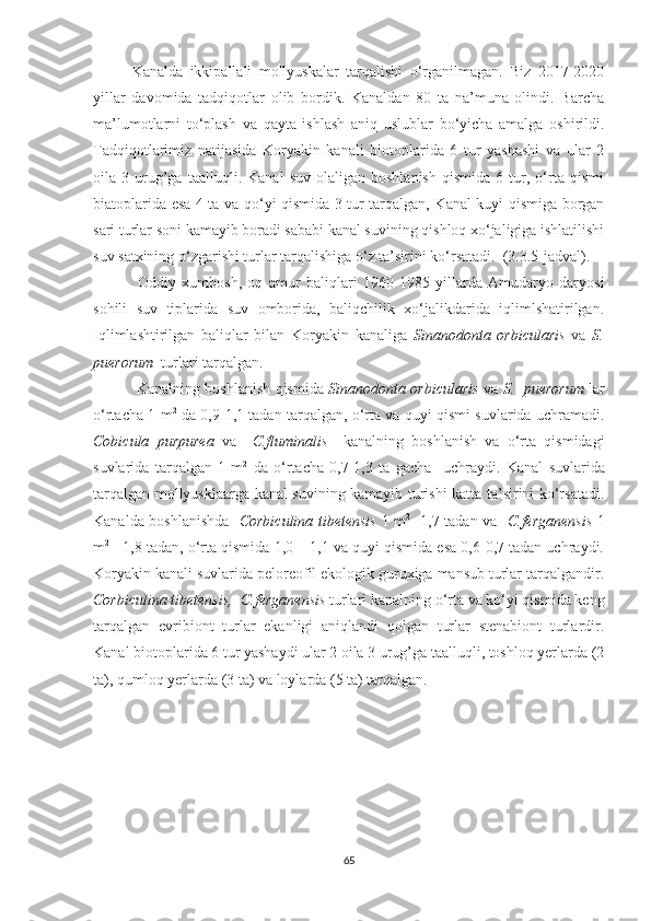 Kanalda   ikkipallali   mollyuskalar   tarqalishi   o‘rganilmagan.   Biz   2017-2020
yillar   davomida   tadqiqotlar   olib   bordik.   Kanaldan   80   ta   na’muna   olindi.   Barcha
ma’lumotlarni   to‘plash   va   qayta   ishlash   aniq   uslublar   bo‘yicha   amalga   oshirildi.
Tadqiqotlarimiz   natijasida   Koryakin   kanali   biotoplarida   6   tur   yashashi   va   ular   2
oila  3   urug’ga   taalluqli.  Kanal   suv   olaligan  boshlanish   qismida   6  tur,  o‘rta   qismi
biatoplarida esa 4 ta va qo‘yi qismida 3 tur tarqalgan, Kanal kuyi qismiga borgan
sari turlar soni kamayib boradi sababi kanal suvining qishloq xo‘jaligiga ishlatilishi
suv satxining o‘zgarishi turlar tarqalishiga o‘z ta’sirini ko‘rsatadi.  (3.3.5-jadval).
  Oddiy   xumbosh,   oq   amur   baliqlari   1960-1985   yillarda   Amudaryo   daryosi
sohili   suv   tiplarida   suv   omborida,   baliqchilik   xo‘jalikdarida   iqlimlshatirilgan.
Iqlimlashtirilgan   baliqlar   bilan   Koryakin   kanaliga   Sinanodonta   orbicularis   va   S.
puerorum   turlari tarqalgan. 
  Kanalning boshlanish qismida   Sinanodonta orbicularis   va   S.   puerorum   lar
o‘rtacha 1 m 2
  da 0,9-1,1 tadan tarqalgan, o‘rta va quyi qismi suvlarida uchramadi.
Cobicula   purpurea   va     C.fluminalis     kanalning   boshlanish   va   o‘rta   qismidagi
suvlarida   tarqalgan   1   m 2
  da   o‘rtacha   0,7-1,3   ta   gacha     uchraydi.   Kanal   suvlarida
tarqalgan mollyusklaarga kanal suvining kamayib turishi katta ta’sirini ko‘rsatadi.
Kanalda boshlanishda    Corbiculina tibetensis   1   m 2
   1,7 tadan va     C.ferganensis   1
m 2
    1,8 tadan, o‘rta qismida 1,0 – 1,1 va quyi qismida esa 0,6-0,7 tadan uchraydi.
Koryakin kanali suvlarida peloreofil ekologik guruxiga mansub turlar tarqalgandir.
Corbiculina tibetensis,    C.ferganensis  turlari kanalning o‘rta va ko‘yi qismida keng
tarqalgan   evribiont   turlar   ekanligi   aniqlandi   qolgan   turlar   stenabiont   turlardir.
Kanal biotoplarida 6 tur yashaydi ular 2 oila 3 urug’ga taalluqli, toshloq yerlarda (2
ta), qumloq yerlarda (3 ta) va loylarda (5 ta) tarqalgan.  
65 