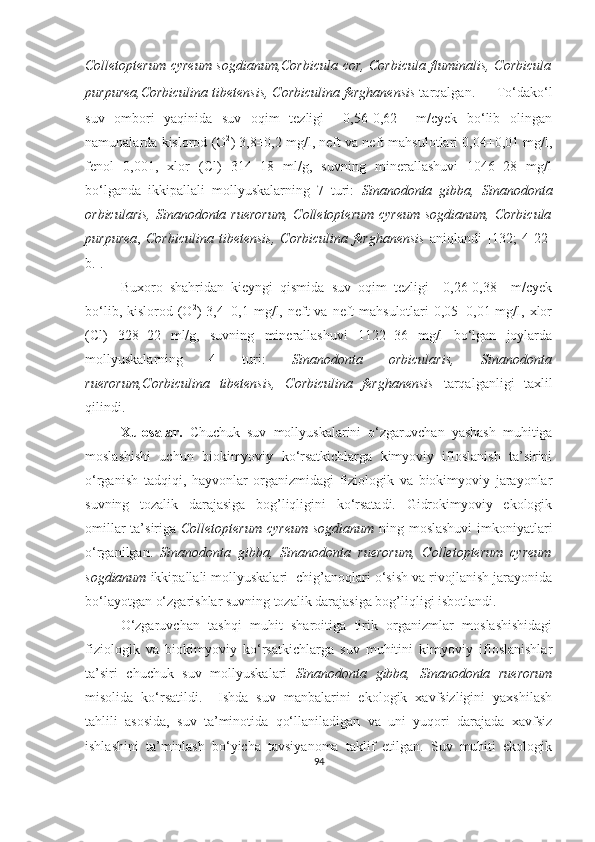 Colletopterum cyreum sogdianum,Corbicula cor, Corbicula fluminalis, Corbicula
purpurea,Corbiculina tibetensis, Corbiculina ferghanensis  tarqalgan.          To‘dako‘l
suv   ombori   yaqinida   suv   oqim   tezligi     0,56-0,62     m/cyek   bo‘lib   olingan
namunalarda kislorod (O 2
) 3,8±0,2 mg/l, neft va neft mahsulotlari 0,04±0,01 mg/l,
fenol   0,001,   xlor   (Cl)   314±18   ml/g,   suvning   minerallashuvi   1046±28   mg/l
bo‘lganda   ikkipallali   mollyuskalarning   7   turi:   Sinanodonta   gibba,   Sinanodonta
orbicularis,   Sinanodonta   ruerorum,  Colletopterum cyreum sogdianum,   Corbicula
purpurea ,   Corbiculina   tibetensis,   Corbiculina   ferghanensis   aniqlandi   [132;   4-22-
b.].
Buxoro   shahridan   kieyngi   qismida   suv   oqim   tezligi     0,26-0,38     m/cyek
bo‘lib, kislorod (O 2
) 3,4±0,1 mg/l, neft  va neft  mahsulotlari  0,05±0,01 mg/l, xlor
(Cl)   328±22   ml/g,   suvning   minerallashuvi   1122±36   mg/l   bo‘lgan   joylarda
mollyuskalarning   4   turi:   Sinanodonta   orbicularis,   Sinanodonta
ruerorum, Corbiculina   tibetensis,   Corbiculina   ferghanensis   tarqalganligi   taxlil
qilindi.
Xulosalar.   Chuchuk   suv   mollyuskalarini   o‘zgaruvchan   yashash   muhitiga
moslashishi   uchun   biokimyoviy   ko‘rsatkichlarga   kimyoviy   ifloslanish   ta’sirini
o‘rganish   tadqiqi,   hayvonlar   organizmidagi   fiziologik   va   biokimyoviy   jarayonlar
suvning   tozalik   darajasiga   bog’liqligini   ko‘rsatadi.   Gidrokimyoviy   ekologik
omillar  ta’siriga   Colletopterum cyreum sogdianum   ning moslashuvi  imkoniyatlari
o‘rganilgan.   Sinanodonta   gibba,   Sinanodonta   ruerorum,   Colletopterum   cyreum
sogdianum  ikkipallali mollyuskalari  chig’anoqlari o‘sish va rivojlanish jarayonida
bo‘layotgan o‘zgarishlar suvning tozalik darajasiga bog’liqligi isbotlandi.
O‘zgaruvchan   tashqi   muhit   sharoitiga   tirik   organizmlar   moslashishidagi
fiziologik   va   biokimyoviy   ko‘rsatkichlarga   suv   muhitini   kimyoviy   ifloslanishlar
ta’siri   chuchuk   suv   mollyuskalari   Sinanodonta   gibba,   Sinanodonta   ruerorum
misolida   ko‘rsatildi.     Ishda   suv   manbalarini   ekologik   xavfsizligini   yaxshilash
tahlili   asosida,   suv   ta’minotida   qo‘llaniladigan   va   uni   yuqori   darajada   xavfsiz
ishlashini   ta’minlash   bo‘yicha   tavsiyanoma   taklif   etilgan.   Suv   muhiti   ekologik
94 