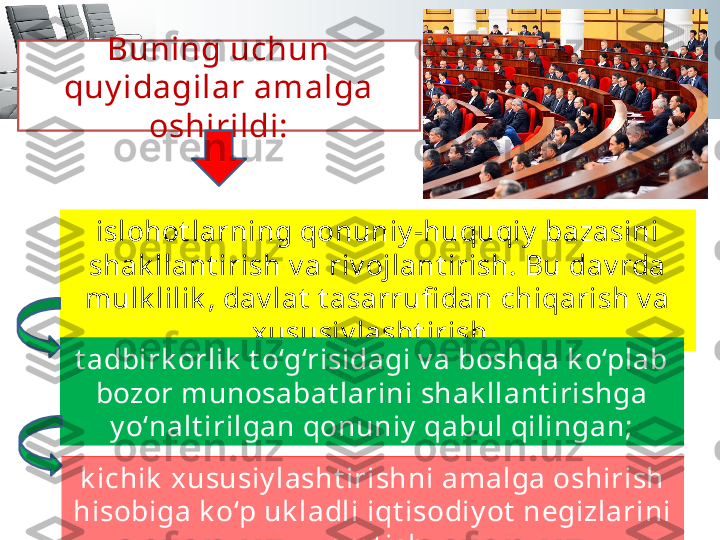 Buning uchun 
quy idagilar amalga 
oshirildi:
islohot larning qonuniy -huquqiy  bazasini 
shak llant irish v a riv ojlant irish. Bu dav rda 
mulk lilik , dav lat  t asarrufi dan chiqarish v a 
xususiy lasht irish, 
t adbirk orlik  t o‘g‘risidagi v a boshqa k o‘plab 
bozor munosabat larini shak llant irishga 
y o‘nalt irilgan qonuniy  qabul qilingan;
k ichik  xususiy lasht irishni amalga oshirish 
hisobiga k o‘p uk ladli iqt isodiy ot  negizlarini 
y arat ish. 