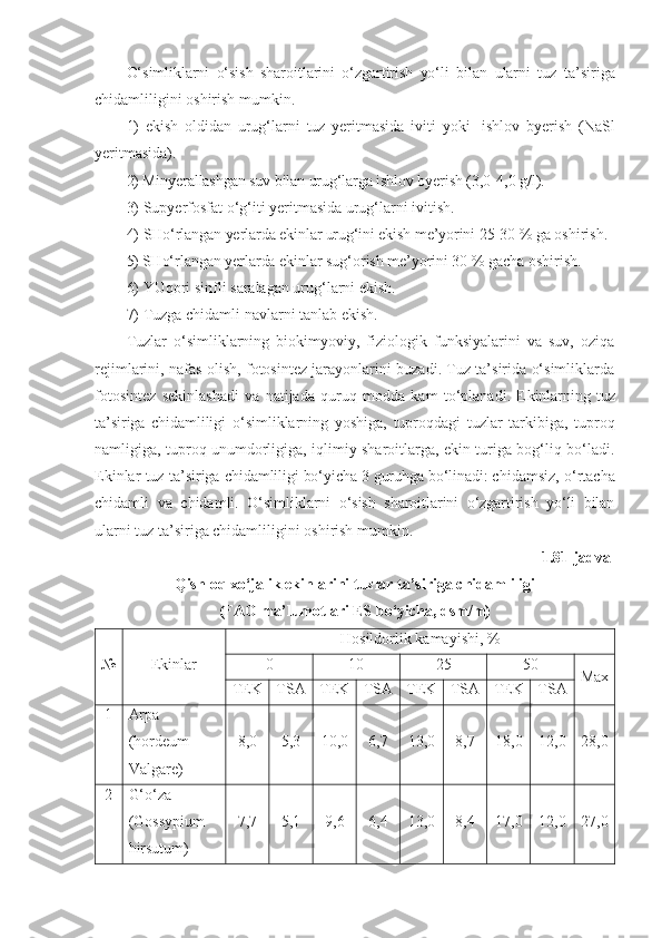 O‘simliklarni   o‘sish   sharoitlarini   o‘zgartirish   yo‘li   bilan   ularni   tuz   ta’siriga
chidamliligini oshirish mumkin.
1)   ekish   oldidan   urug‘larni   tuz   yeritmasida   iviti   yoki    
ishlov   byerish   (NaSl
yeritmasida).
2)  Minyerallashgan suv bilan urug‘larga ishlov byerish  (3,0-4,0 g/l). 
3) Supyerfosfat o‘g‘iti yeritmasida urug‘larni ivitish.           
4)  SHo‘rlangan yerlarda ekinlar urug‘ini ekish me’yorini  25-30 % ga oshirish.
5)  SHo‘rlangan yerlarda ekinlar sug‘orish me’yorini 30 % gacha  oshirish.
6) YUqori sinfli saralagan urug‘larni ekish.
7) Tuzga chidamli navlarni tanlab ekish. 
Tuzlar   o‘simliklarning   biokimyoviy,   fiziologik   funksiyalarini   va   suv,   oziqa
rejimlarini, nafas olish, fotosintez jarayonlarini buzadi. Tuz ta’sirida o‘simliklarda
fotosintez   sekinlashadi   va   natijada   quruq   modda   kam   to‘planadi.   E kinlarning   tuz
ta’siriga   chidamliligi   o‘simliklarning   yoshiga,   tuproqdagi   tuzlar   tarkibiga,   tuproq
namligiga, tuproq unumdorligiga, iqlimiy sharoitlarga, ekin turiga bog‘liq bo‘ladi.
Ekinlar tuz ta’siriga  chidamliligi bo‘yicha 3 guruhga bo‘linadi: ch idamsiz, o‘rtacha
chidamli   va   chidamli.   O‘simliklarni   o‘sish   sharoitlarini   o‘zgartirish   yo‘li   bilan
ularni tuz ta’siriga chidamliligini oshirish mumkin.
1.81-jadval
Qishloq xo‘jalik ekinlarini tuzlar ta’siriga chidamliligi
(FAO ma’lumotlari ES bo‘yicha, dsm/m)
№ Ekinlar Hosildorlik kamayishi, %
0 10 25 50
Max
TEK TSA TEK TSA TEK TSA TEK TSA
1 Arpa 
( hordeum 
Valgare ) 8,0 5,3 10,0 6,7 13,0 8,7 18,0 12,0 28,0
2 G‘o‘ za 
(Gossypium 
hirsutum) 7 ,7 5,1 9,6 6,4 13,0 8,4 17,0 12,0 27,0 