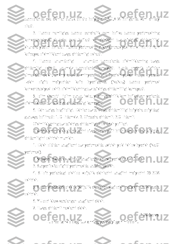 tuproqlarida   esa   ekinlar   quruk   qoldiq   bo‘yicha   0,6-0,8   %   bo‘lganda   xam   chiday
oladi.
3.   Tuproq   namligiga   tuproq   qanchalik   nam   bo‘lsa   tuproq   yeritmasining
konsentratsiyasi   shuncha   past   bo‘ladi   va   ekinlarni   tuz   ta’siriga   chidamliligi
shuncha   yuqori   bo‘ladi.   Tuproq   yeritmasining   konsentratsiyasi   bir-xil   bo‘lib   nam
ko‘paysa o‘simliklarni tuzga chidamligi oshadi.
4.   Tuproq   unumdorligi   –   unumdor   tuproqlarda   o‘simliklarning   tuzga
chidamligi   oshadi,   unumsiz   tuproqlarda   kamayadi.   Bunda   organik   o‘g‘itlar
almashlab   ekish,   imlmy   asosida   minyeral   o‘g‘it   byerish   yaxshi   natija   byeradi.
Lekin   o‘g‘it   me’yoridan   ko‘p   byerilganda   (NaNo
3 )   tuproq   yeritmasi
konsentratsiyasi oshib o‘simliklarning tuz ta’siriga chidamliligi kamayadi.
5. Iqlim sharoiti - iqlim quruq, issiq, yog‘ingarchilik kam bo‘ladigan yerlarda
o‘simliklarni tuz ta’siriga chidamliligi kamayadi.
6. Ekin turiga bog‘liqligi. Ekinlar tuz ta’siriga chidamliligi bo‘yicha qo‘yidagi
guruxga bo‘linadi: 1. CHidamsiz. 2. O‘rtacha chidamli. 3.CHidamli. 
O‘simliklarning tuz ta’siriga chidamligini oshirish yo‘llari.
O‘simliklarni o‘sish sharoitlarini o‘zgartirish yo‘li bilan ekinlarni tuz ta’siriga
chidamligini oshirish mumkin.
1. Ekish oldidan urug‘larni tuz yeritmasida uvitish yoki ishlov byerish (NaCl
yeritmasi).
2.   Minyerallashgan suv bilan uru g‘ larga ishlov byerish (3,0-4,0 g/l) .
3.   Supyerfosfat o‘ g‘ iti yeritmasida uru g‘ ni uvitish.
4.   SHo‘r   yerlardagi   q ishloq   x o‘jalik   ekinlarini   uru g‘ ini   me’yorini   25-30%
oshirish.  
5. SHo‘r yerlardagi qishloq xo‘jalik ekinlarini sug‘orish me’yorini 30% gacha
oshirish.
6.   YUqori klass saralangan uru g‘ larni ekish.
7.   Tuzga chidamli navlarni ekish.
1.79-jadval
Tuproq tarkibidagi tuzlarning yul qo‘yilgan miqdori. 