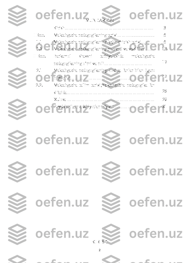 MUNDARIJA:
Kirish……………………………………………………. 3
I Bob. M aktabgacha pedagogikaning tarixi ……… ............ ... ....... 6
1.1 Maktabgacha pedogogikaning kelib chiqish tarixi…….. 6
1.2 M aktabgacha pedagogikaning maqsadi va vazifalari ...... 13
II  B ob. Barkamol   shaxsni   tarbiyalashda   maktabgacha
pedagogikaning o’rni va roli …………………………… 17
2.1 Maktabgacha   pedogogikaning   boshqa   fanlar   bilan   òzaro
boģliqligi…………………………………………………. 17
2.2. Maktabgacha   ta'lim   tarixi,maktabgacha   pedagogika   fan
sifatida…………………………………………………… 25
Xulosa  …………………………………………………… 29
Foydalanilgan   adabiyotlar   ro ’ yxati………………………. 31
KIRISH
2 