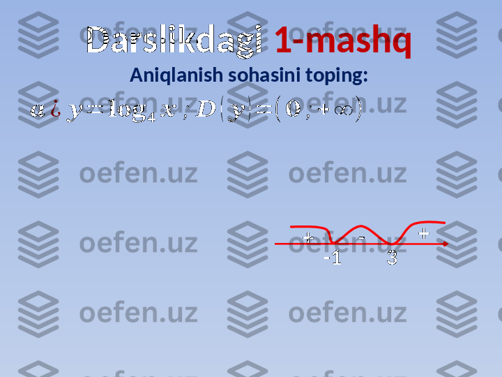 Darslikdagi  1-mashq
Aniqlanish sohasini toping:??????	¿	??????	=	??????????????????	??????	??????	;	??????	(	??????	)=	(	??????	;	+	∞	)
-1 3 +
+ - 