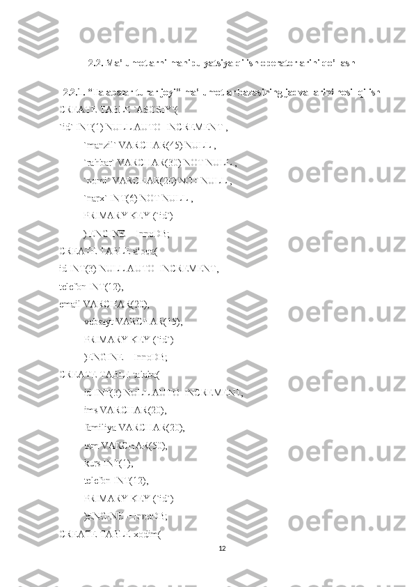 2.2. Ma’lumotlarni manipulyatsiya qilish operatorlarini qo’llash
2.2.1. “Talabalar turar joyi” ma’lumotlar bazasining jadvallarini hosil qilish
CREATE TABLE `ASOSIY`( 
`id` INT(1) NULL AUTO_INCREMENT , 
          `manzil` VARCHAR(45) NULL , 
          `rahbar` VARCHAR(30) NOT NULL , 
          `nomi` VARCHAR(20) NOT NULL , 
          `narx` INT(6) NOT NULL , 
          PRIMARY KEY (`id`)
          ) ENGINE = InnoDB;
CREATE TABLE aloqa(
id INT(3) NULL AUTO_INCREMENT,
telefon INT(12),
email VARCHAR(20),
     vebsayt VARCHAR(15),
     PRIMARY KEY (`id`)
)ENGINE = InnoDB;
CREATE TABLE talaba(
id INT(3) NULL AUTO_INCREMENT,
ims VARCHAR(20),
     familiya VARCHAR(20),
     otm VARCHAR(50),
     kurs INT(1),
     telefon INT(12),
     PRIMARY KEY (`id`)
)ENGINE = InnoDB;
CREATE TABLE xodim(
12 