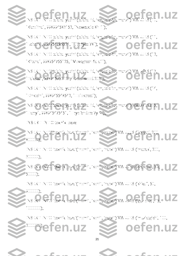 INSERT INTO talaba_yaqini (talaba_id, ism, telefon, manzil) VALUES (10, 
"Karolina", 998994583152, "Newcastle 8h-1");
INSERT INTO talaba_yaqini (talaba_id, ism, telefon, manzil) VALUES (11, 
"Lebron", 998954786524, "Illinoyce 78");
INSERT INTO talaba_yaqini (talaba_id, ism, telefon, manzil) VALUES (12, 
"Kitana", 998954755125, "Movegreen 6a-a1");
INSERT INTO talaba_yaqini (talaba_id, ism, telefon, manzil) VALUES (13, 
"Takeda", 998945752123, "Greenwood 202");
INSERT INTO talaba_yaqini (talaba_id, ism, telefon, manzil) VALUES (14, 
"Einstein", 998945548542, "Holostreet");
INSERT INTO talaba_yaqini (talaba_id, ism, telefon, manzil) VALUES (15, 
"Harry", 998945475451, "Hrypfendore 7y-1");
INSERT INTO texnik_baza
INSERT INTO `texnik_baza`(`nomi`, `soni`, `narxi`) VALUES ('krovat', 200, 
800000);
INSERT INTO `texnik_baza`(`nomi`, `soni`, `narxi`) VALUES ('matras', 200, 
300000);
INSERT INTO `texnik_baza`(`nomi`, `soni`, `narxi`) VALUES ('prastina', 50, 
50000);
INSERT INTO `texnik_baza`(`nomi`, `soni`, `narxi`) VALUES ('shkaf', 50, 
900000);
INSERT INTO `texnik_baza`(`nomi`, `soni`, `narxi`) VALUES ('gaz plita', 15, 
1000000);
INSERT INTO `texnik_baza`(`nomi`, `soni`, `narxi`) VALUES ('muzlatgich', 100, 
2000000);
21 