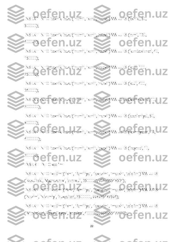 INSERT INTO `texnik_baza`(`nomi`, `soni`, `narxi`) VALUES ('eshik', 50, 
500000);
INSERT INTO `texnik_baza`(`nomi`, `soni`, `narxi`) VALUES ('rom', 120, 
600000);
INSERT INTO `texnik_baza`(`nomi`, `soni`, `narxi`) VALUES ('kondetsioner', 40,
150000);
INSERT INTO `texnik_baza`(`nomi`, `soni`, `narxi`) VALUES ('stol', 100, 
350000);
INSERT INTO `texnik_baza`(`nomi`, `soni`, `narxi`) VALUES ('stul', 400, 
260000);
INSERT INTO `texnik_baza`(`nomi`, `soni`, `narxi`) VALUES ('kirmoshina', 10, 
3000000);
INSERT INTO `texnik_baza`(`nomi`, `soni`, `narxi`) VALUES ('atapleniya', 50, 
800000);
INSERT INTO `texnik_baza`(`nomi`, `soni`, `narxi`) VALUES ('kompyuter', 10, 
6000000);
INSERT INTO `texnik_baza`(`nomi`, `soni`, `narxi`) VALUES ('bayroq', 10, 
300000);
INSERT INTO xodim
INSERT INTO `xodim`(`ism`, `familiya`, `lavozim`, `maosh`, `telefon`) VALUES
('Rasulbek', 'Matnazarov', 'qorovul', 2500000, 998926548524);
INSERT INTO `xodim`(`ism`, `familiya`, `lavozim`, `maosh`, `telefon`) VALUES
('Nozim', 'Nizomiy', 'buxgalter', 3500000, 998935487596);
INSERT INTO `xodim`(`ism`, `familiya`, `lavozim`, `maosh`, `telefon`) VALUES
('Mirshakar', 'Fayzulloyev', 'speaker', 4000000, 998965477412);
22 