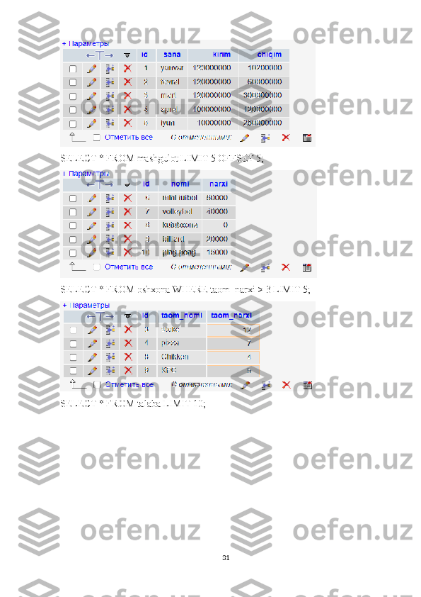 SELECT * FROM mashgulot LIMIT 5 OFFSET 5;
SELECT * FROM oshxona WHERE taom_narxi > 3 LIMIT 5; 
SELECT * FROM talaba LIMIT 10; 
31 